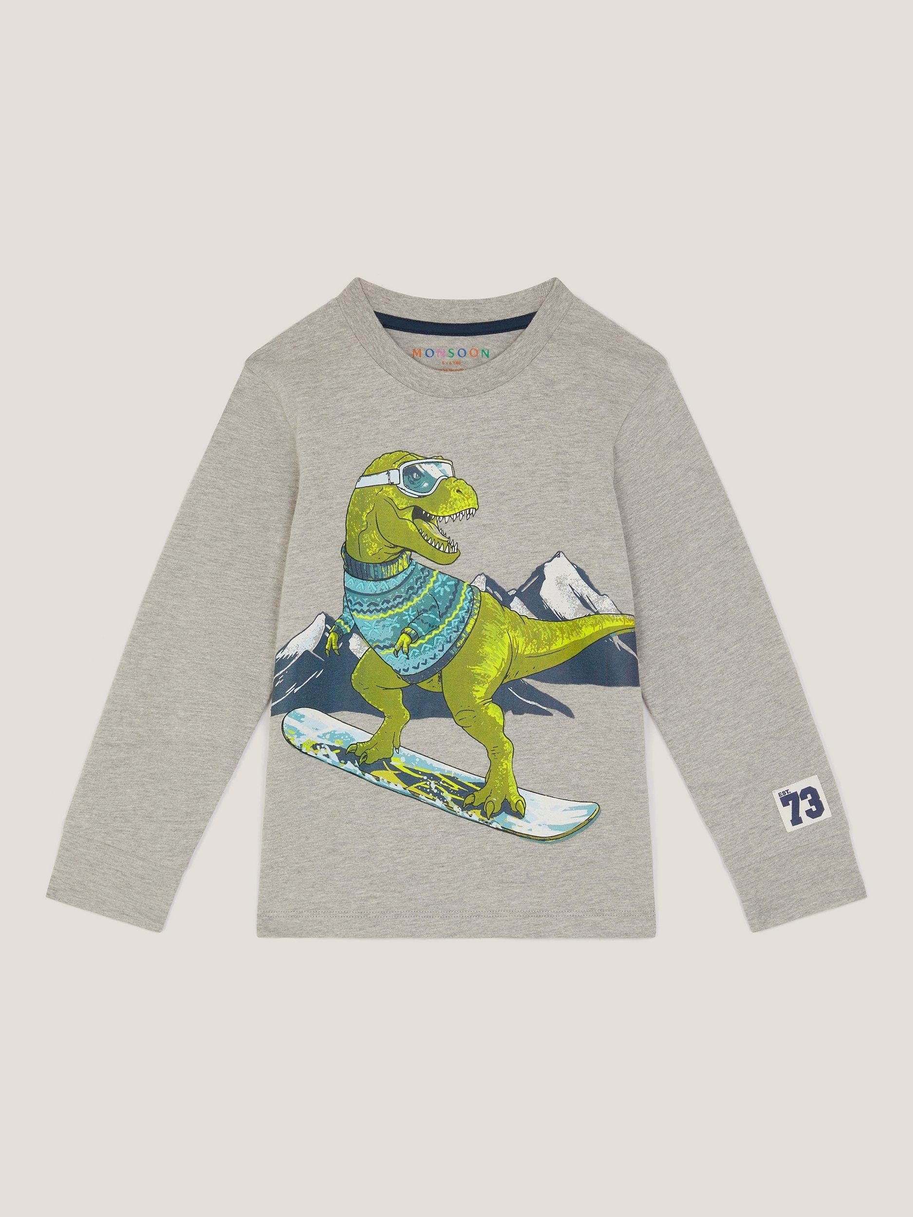 Product image 1 of 3, which shows Monsoon Kids' Snowboard Dinosaur Top, Grey, 2-3 years
