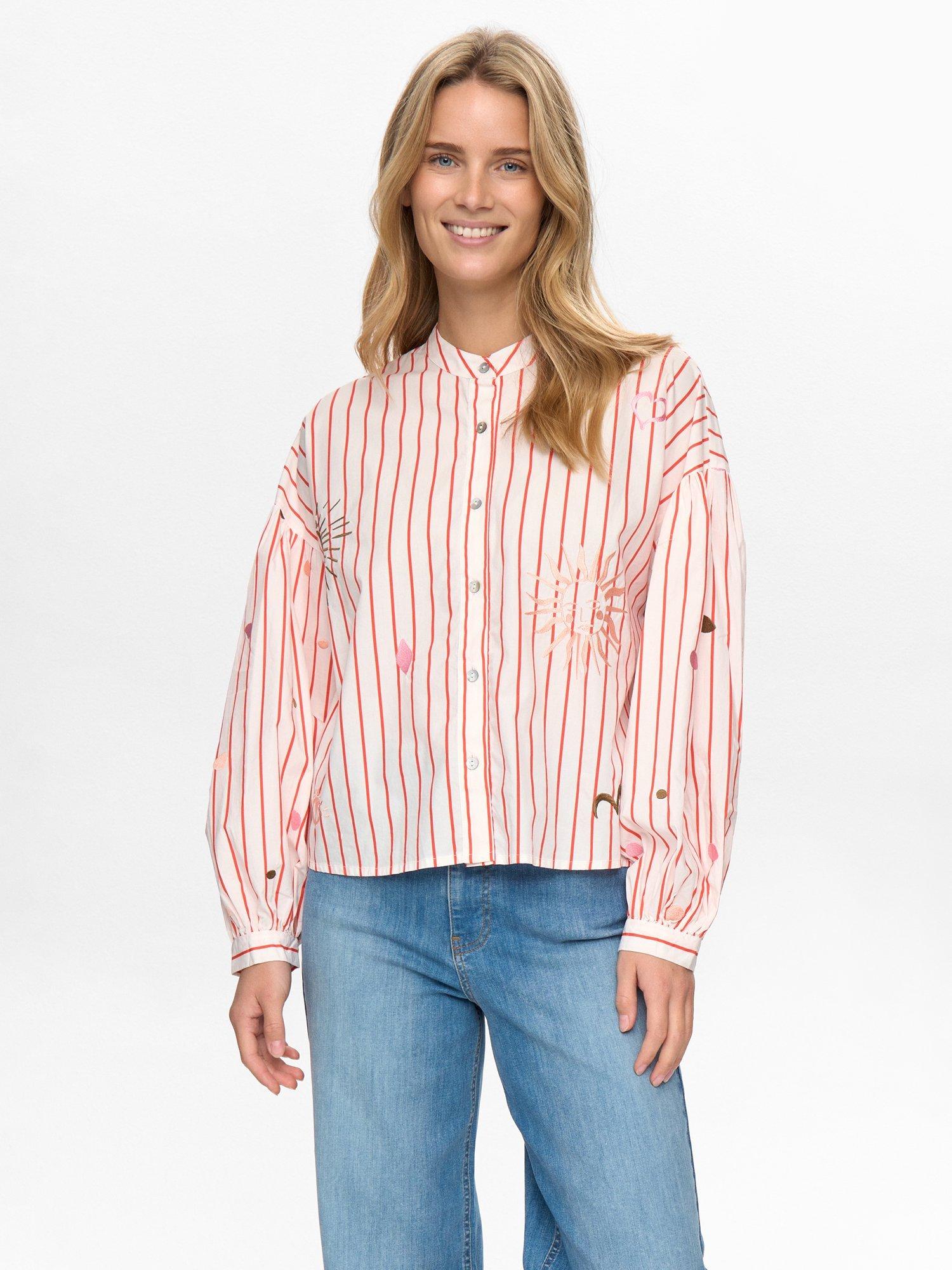Product image 1 of 9, which shows Numph Nusoleima Embroidered Striped Cotton Shirt, Multi, 34