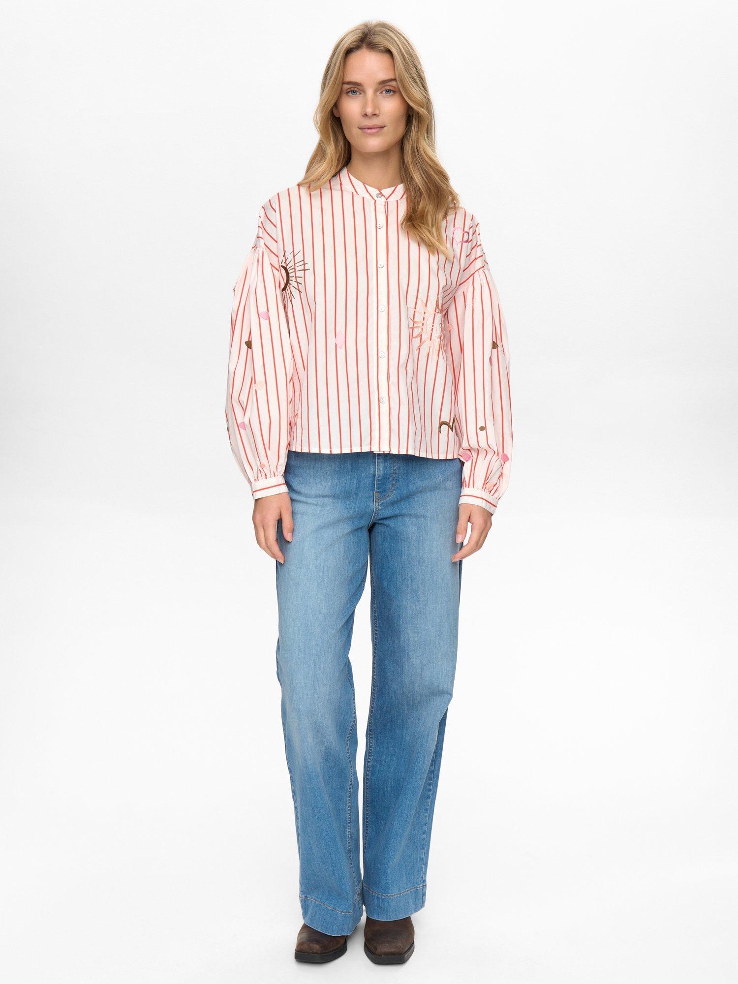 Product image 3 of 9, which shows Numph Nusoleima Embroidered Striped Cotton Shirt, Multi, 34