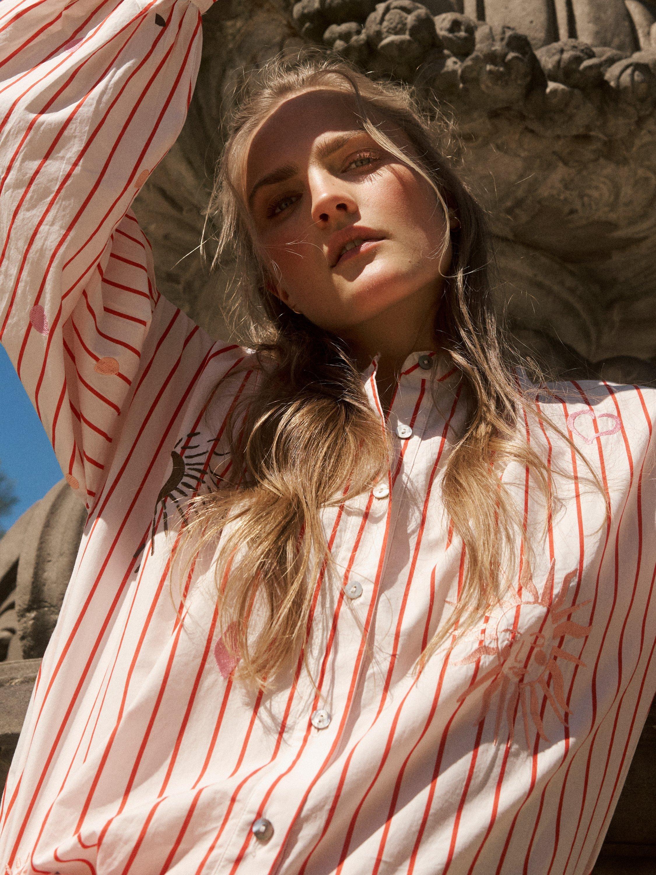 Product image 8 of 9, which shows Numph Nusoleima Embroidered Striped Cotton Shirt, Multi, 34