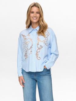 Numph Nuvalerie Floral Lace Striped Cotton Blend Shirt, Blue, Blue