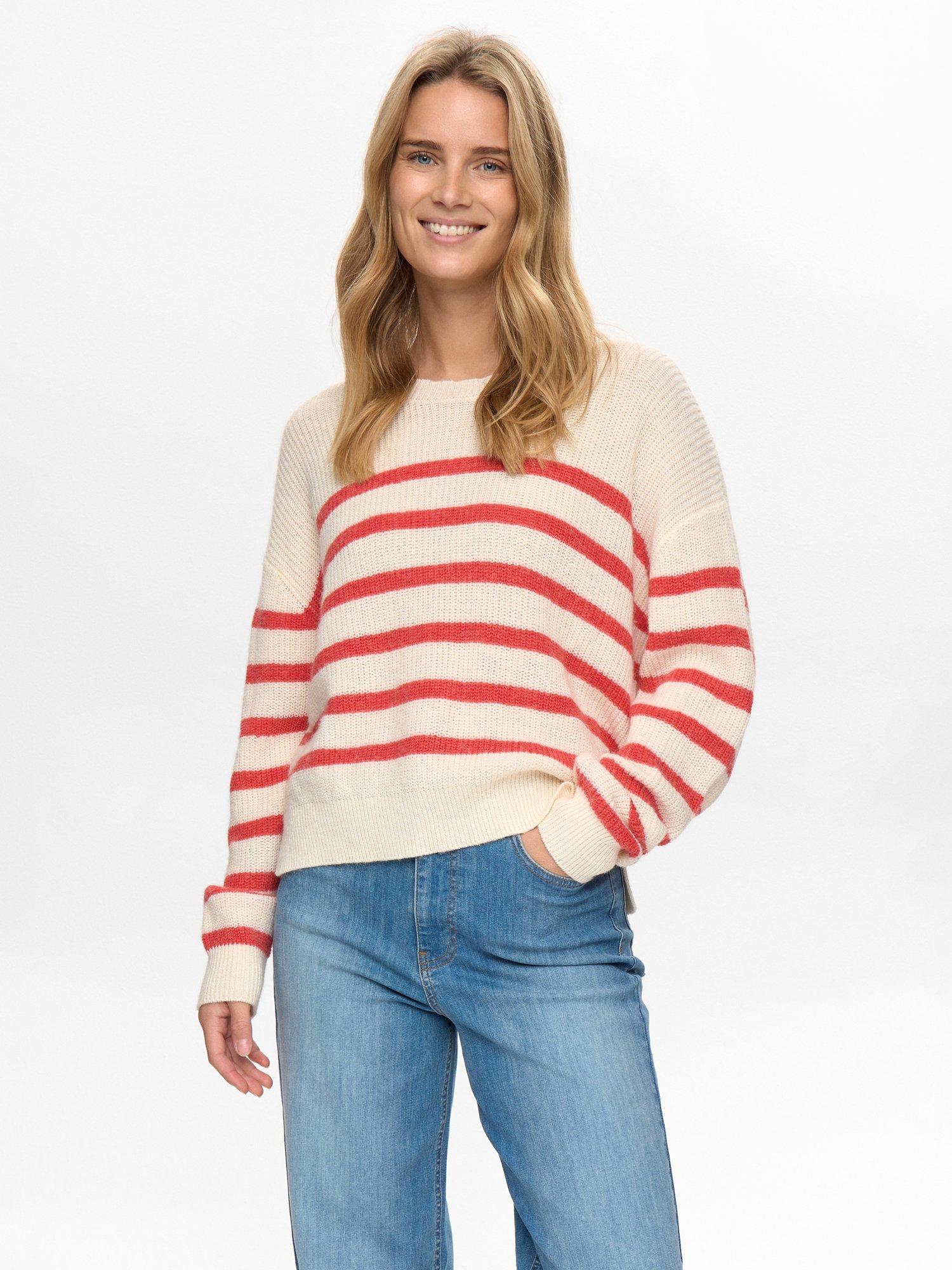 Product image 1 of 7, which shows Numph Nuvinette Striped Knit Jumper with Wool, White/Red, XS