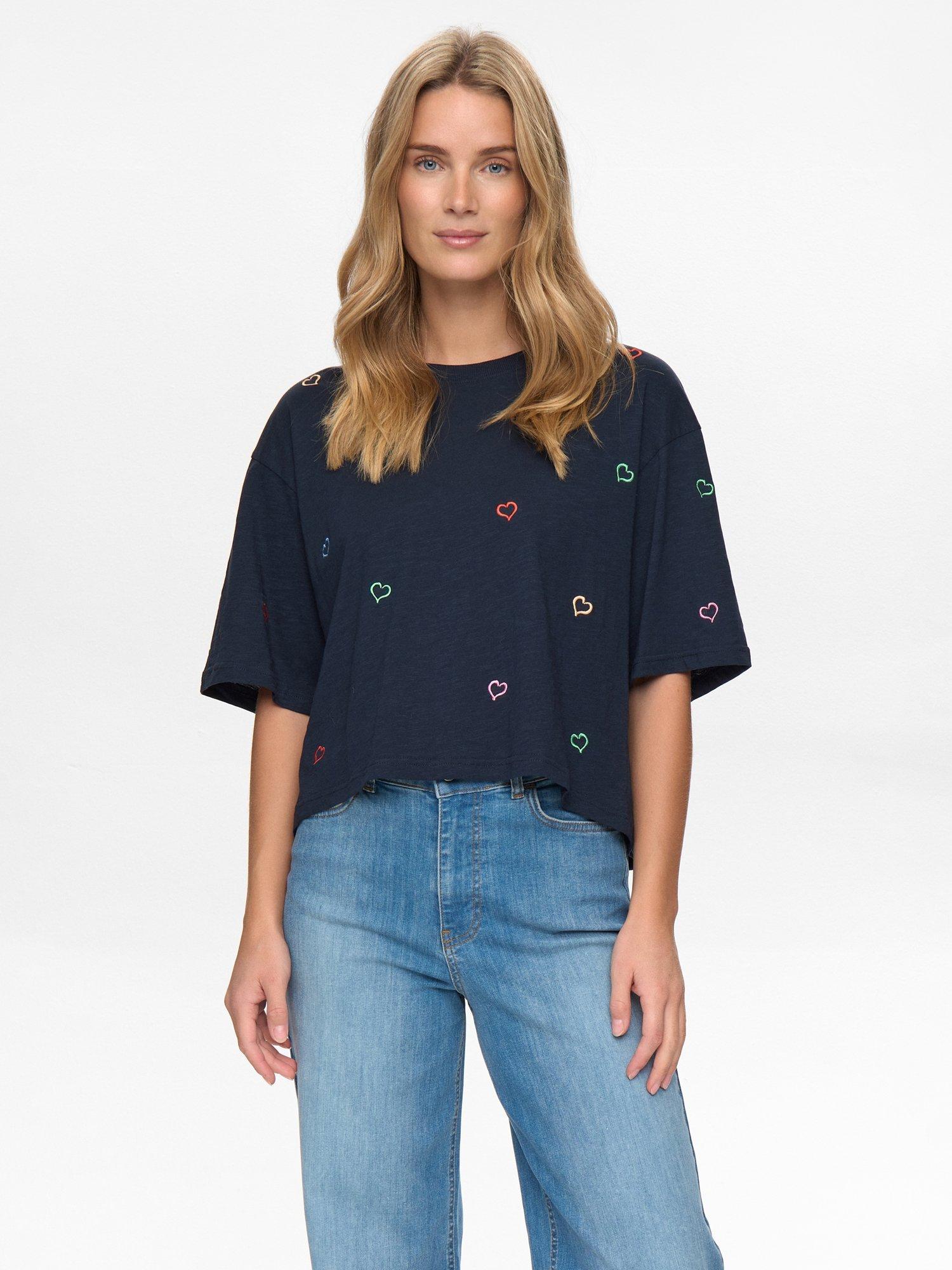 Product image 1 of 7, which shows Numph Lovine Heart Boxy T-Shirt, Navy/Multi, XS