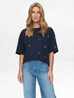 Numph Lovine Heart Boxy T-Shirt, Navy/Multi, Navy/Multi