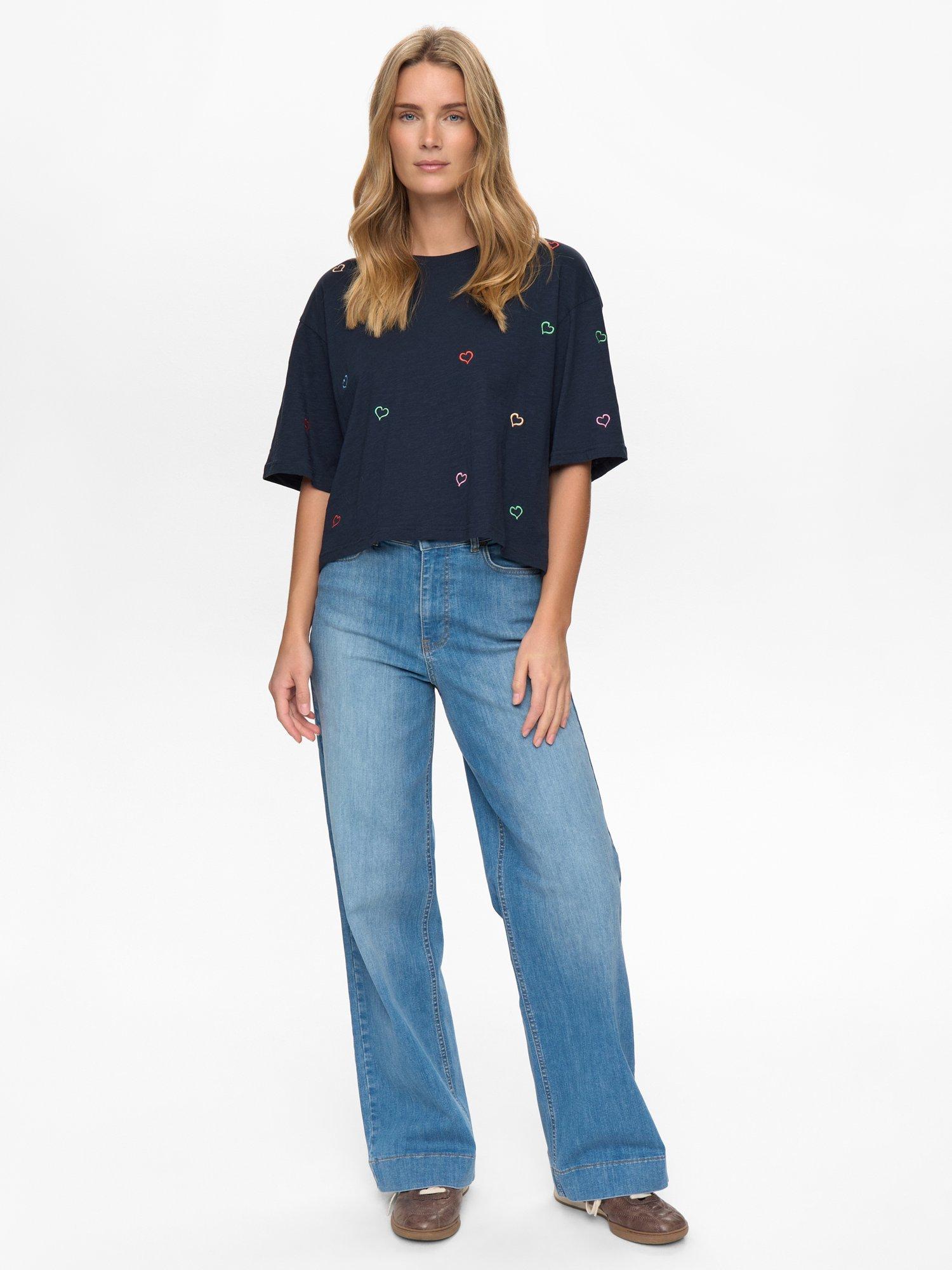 Product image 3 of 7, which shows Numph Lovine Heart Boxy T-Shirt, Navy/Multi, XS