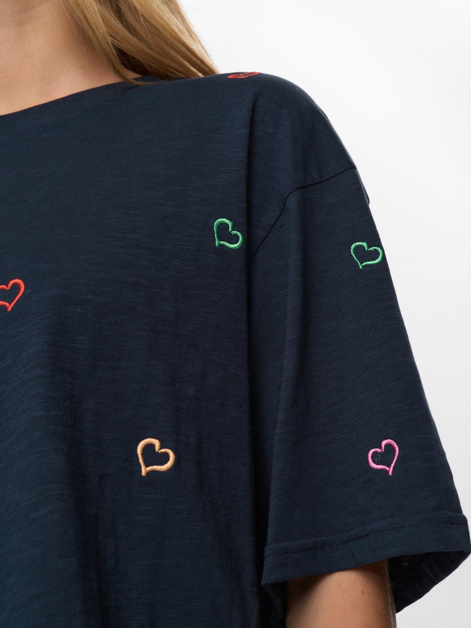 Product image 4 of 7, which shows Numph Lovine Heart Boxy T-Shirt, Navy/Multi, XS