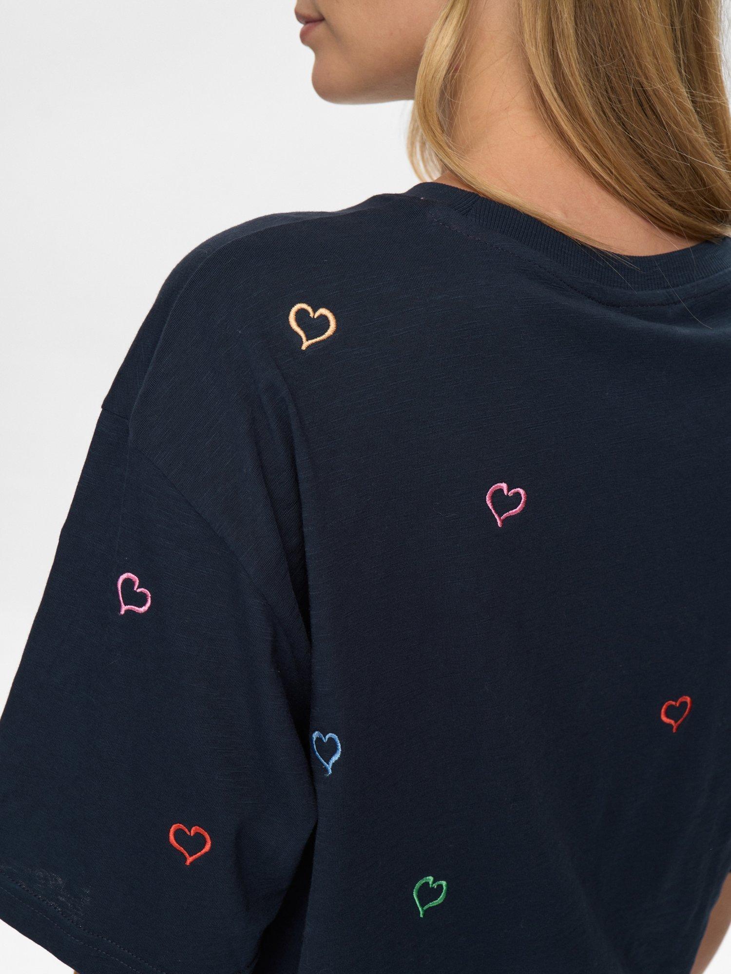 Product image 5 of 7, which shows Numph Lovine Heart Boxy T-Shirt, Navy/Multi, XS