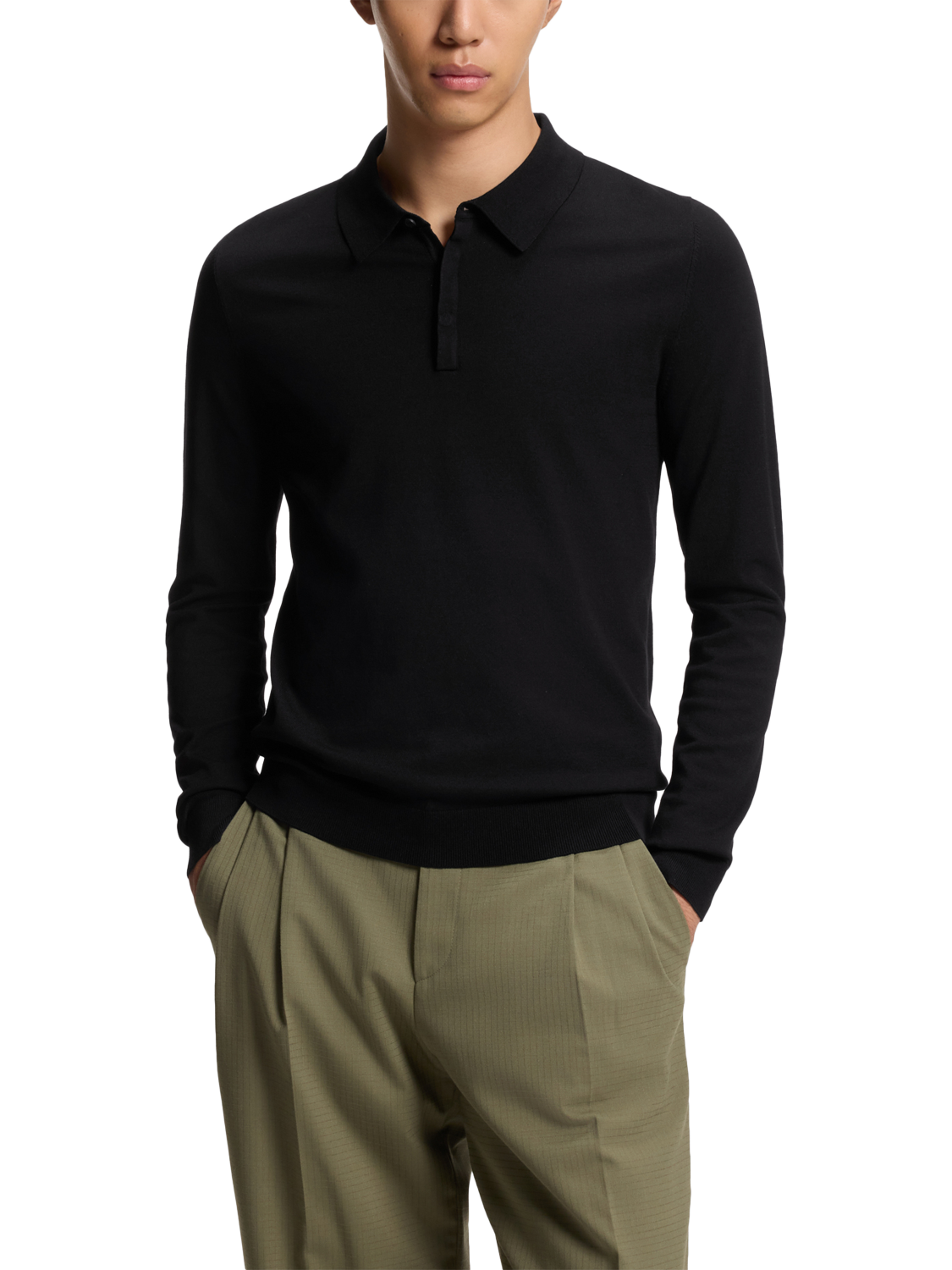 Product image 1 of 3, which shows BOSS Long Sleeve Knit Polo Top, Black, M