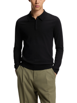 BOSS Long Sleeve Knit Polo Top, Black, Black
