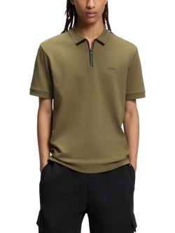 BOSS Cotton Regular Fit Zip-Neck Pique Polo Shirt, Mid Green, Mid Green