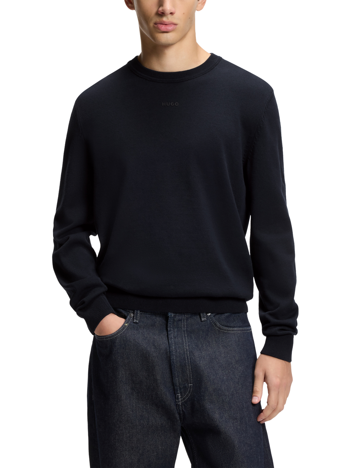 Product image 1 of 5, which shows HUGO BOSS BOSS Slim Fit Cotton Jumper, Navy, L