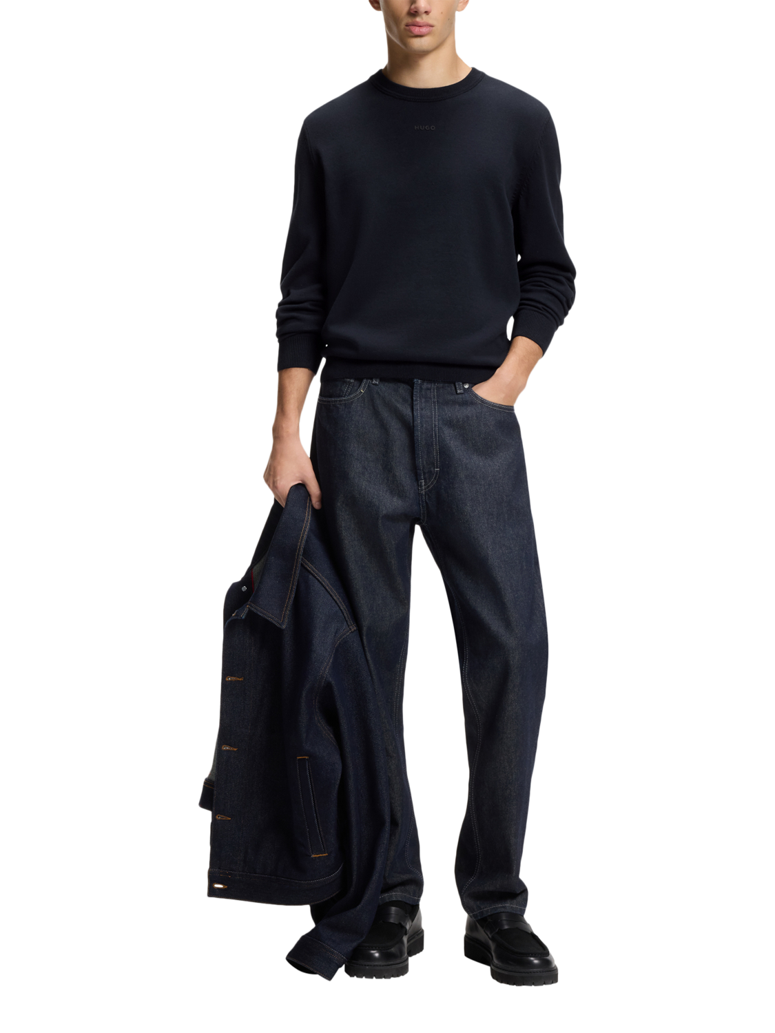 Product image 3 of 5, which shows HUGO BOSS BOSS Slim Fit Cotton Jumper, Navy, L