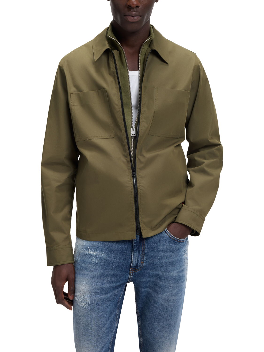 Product image 1 of 6, which shows HUGO BOSS HUGO Evalom Zip Front Cotton Blend Overshirt, Mid Green, L