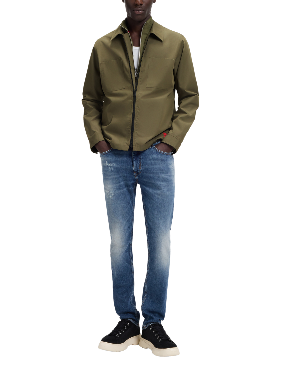 Product image 3 of 6, which shows HUGO BOSS HUGO Evalom Zip Front Cotton Blend Overshirt, Mid Green, L