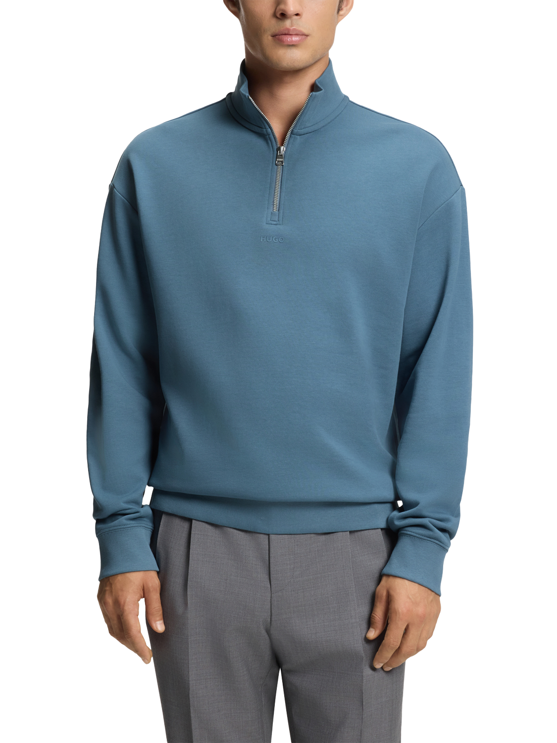 Product image 1 of 5, which shows HUGO BOSS HUGO Cotton Half Zip Sweatshirt, Open Blue, L