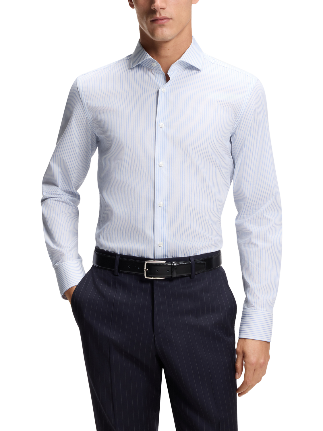 Product image 1 of 6, which shows HUGO BOSS BOSS Cotton Blend Stripe Shirt, Light/Pastel Blue, 14.5