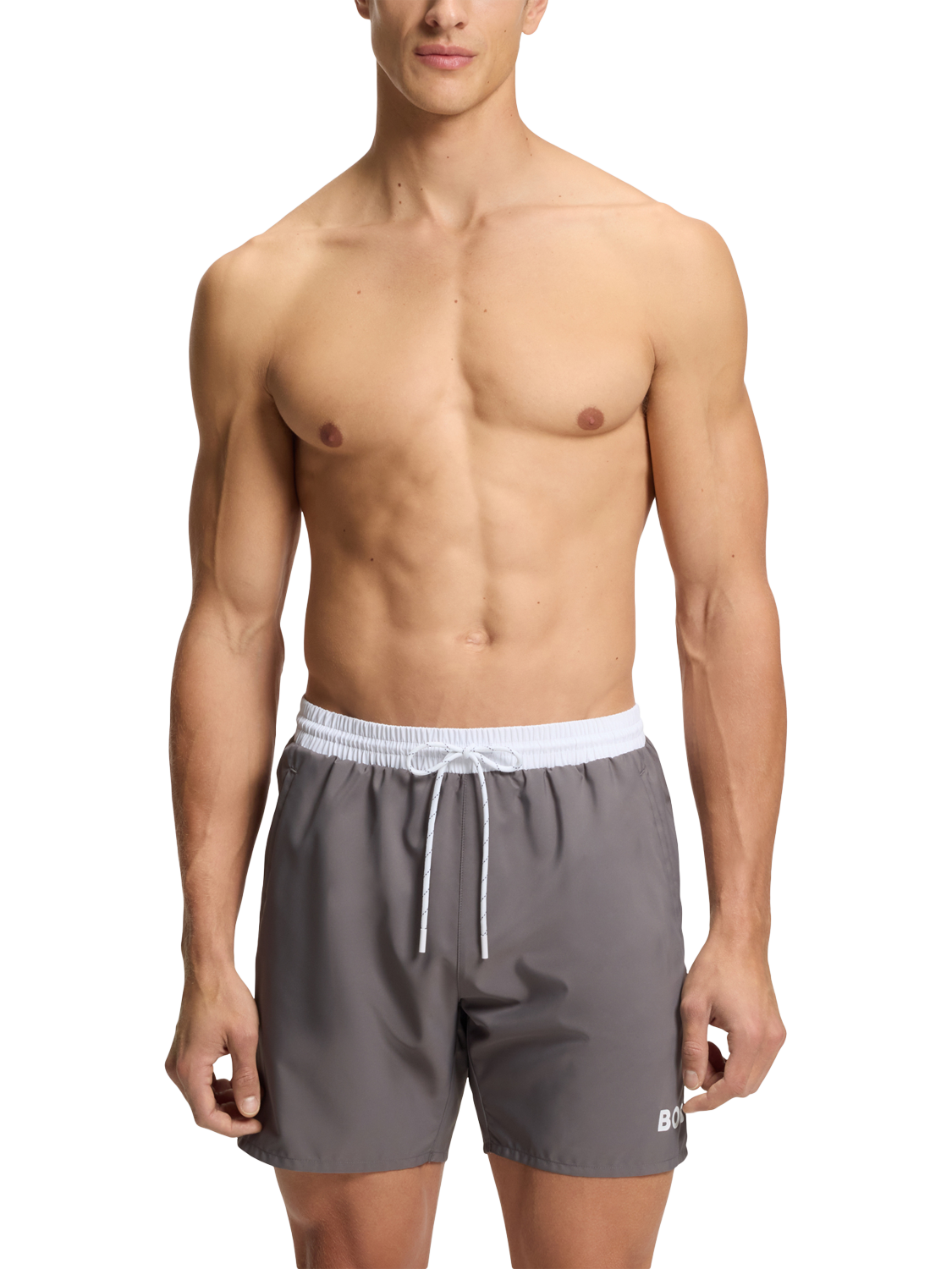 Product image 1 of 4, which shows BOSS Logo Print Swim Shorts, Dark Grey, L