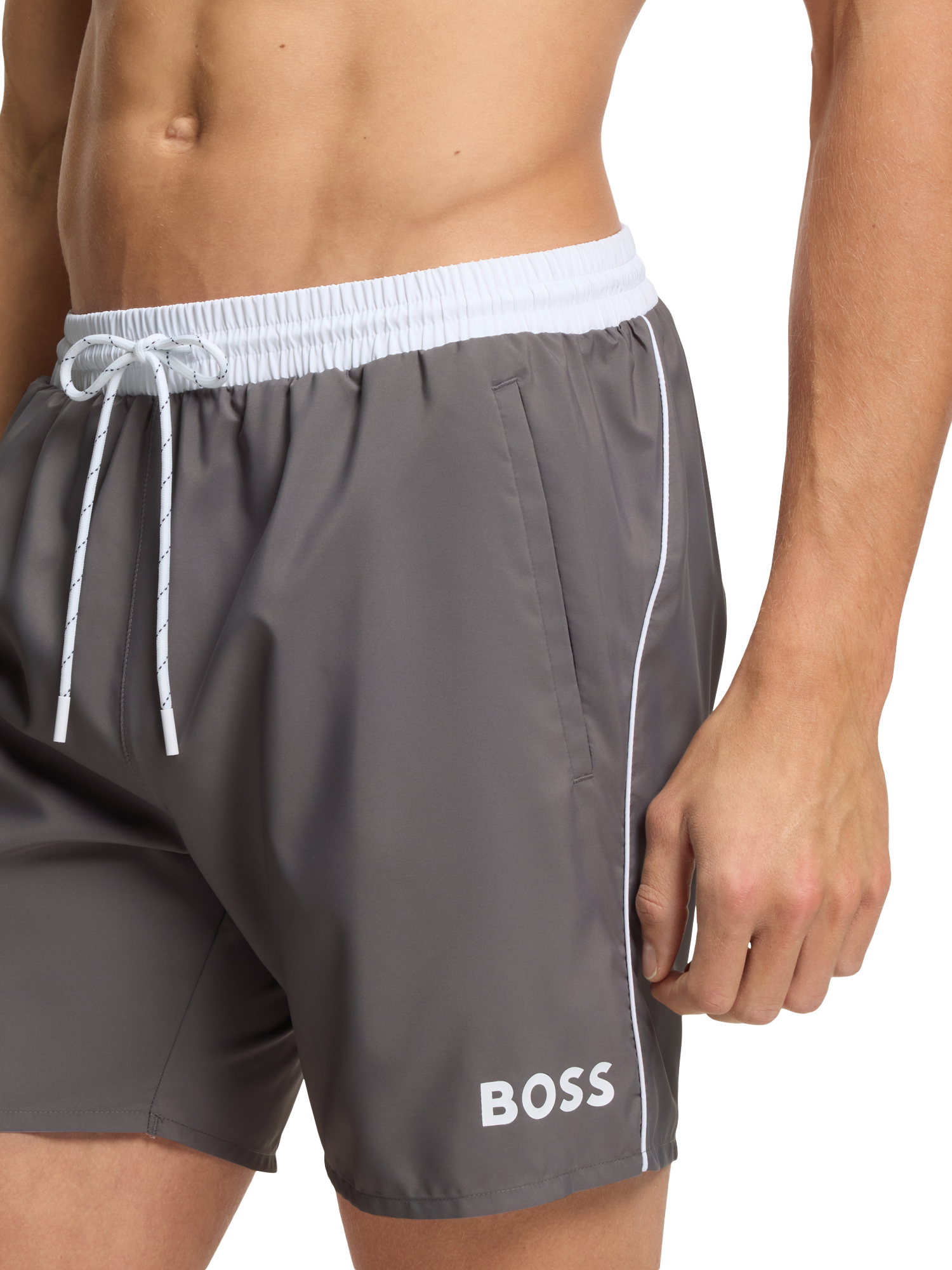 Product image 4 of 4, which shows BOSS Logo Print Swim Shorts, Dark Grey, L