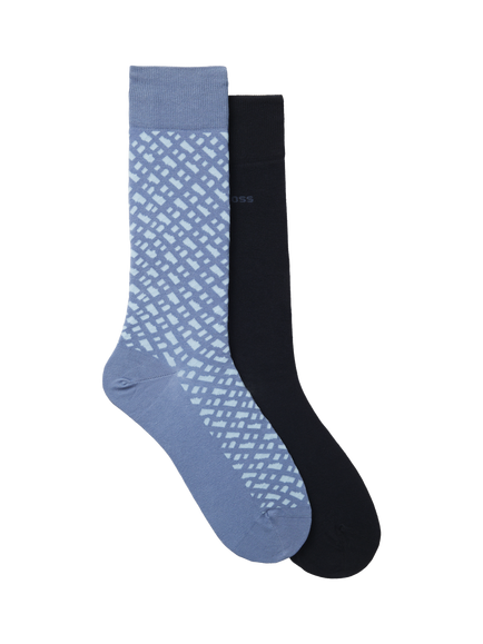 BOSS Cotton Blend Monogram Socks, Pack of 2, Open Blue/Black, Open Blue/Black