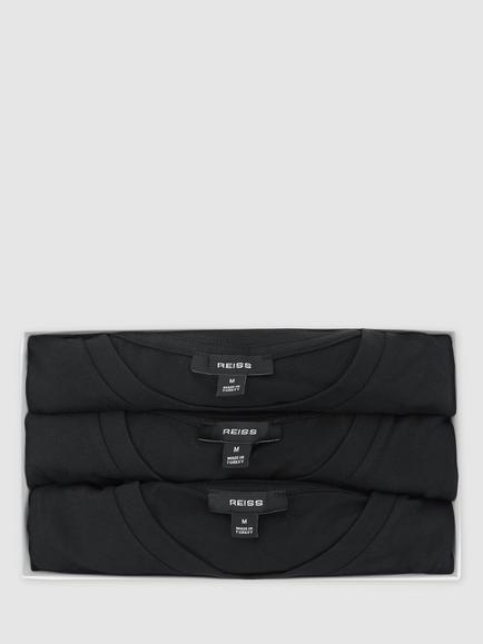 Reiss Bless Cotton Crew Neck T-Shirts, Pack of 3, Black - view 2, Black