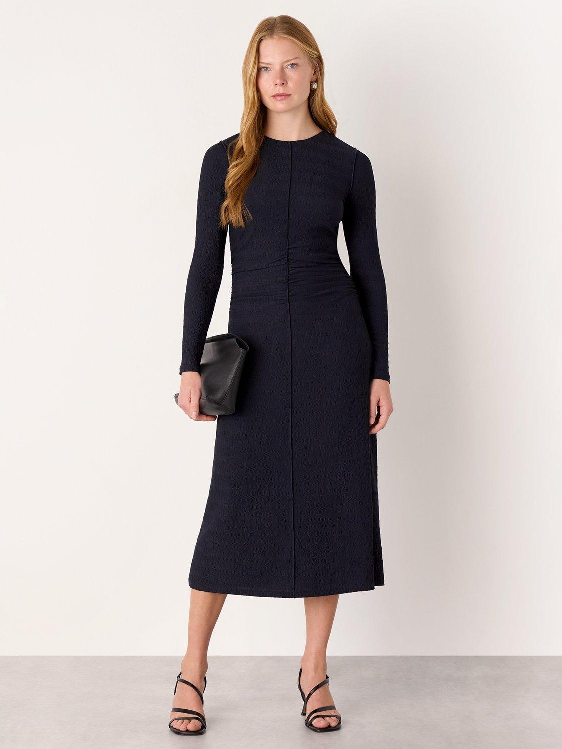 Product image 1 of 5, which shows Whistles Textured Jersey Ruched Dress, Navy, 6