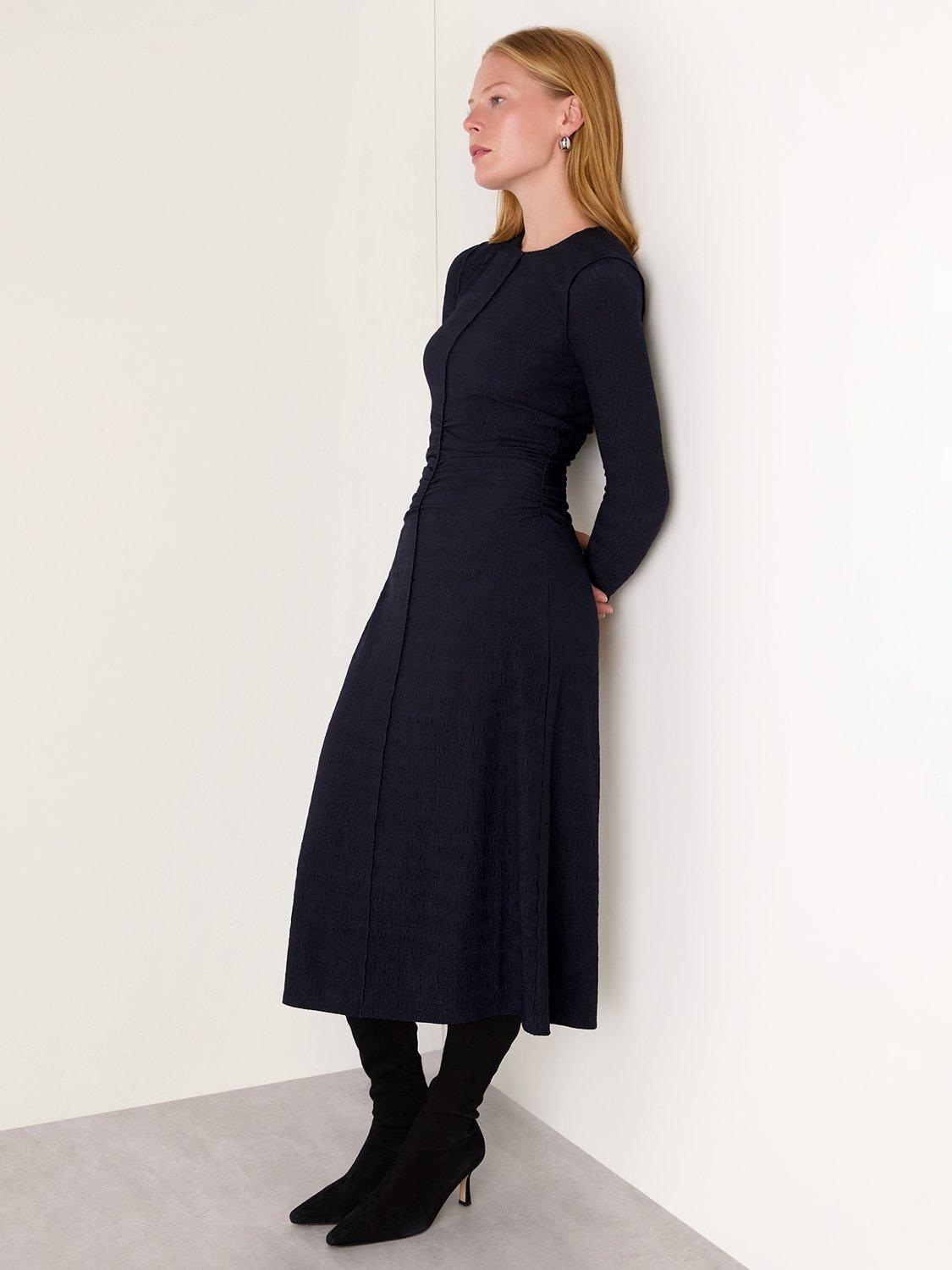 Product image 3 of 5, which shows Whistles Textured Jersey Ruched Dress, Navy, 6