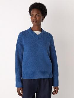 Whistles Wool Ribbed Sleeve V-Neck Knit Jumper, Blue