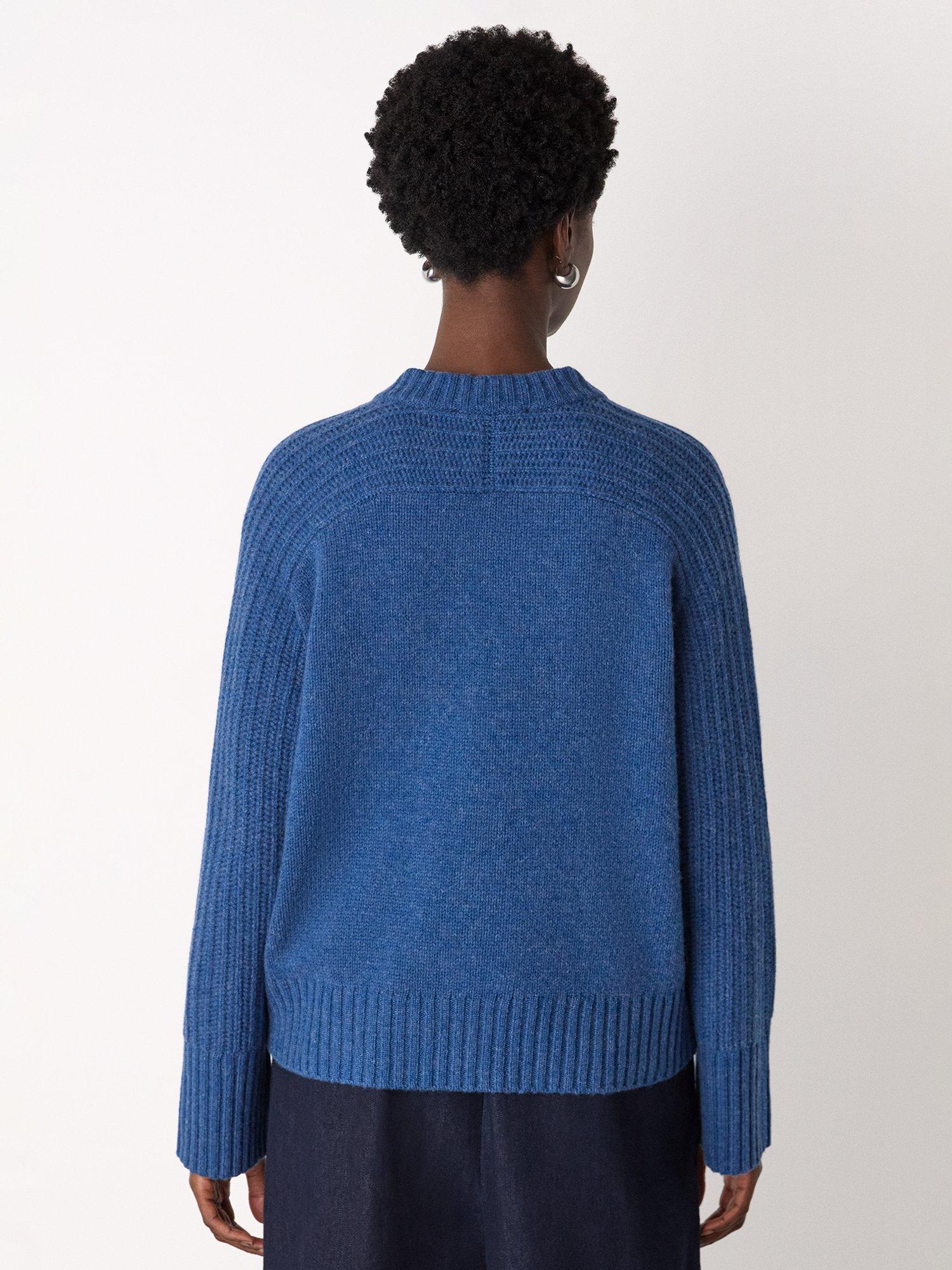 Product image 2 of 5, which shows Whistles Wool Ribbed Sleeve V-Neck Knit Jumper, Blue, XS