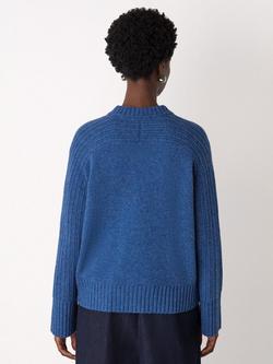 Whistles Wool Ribbed Sleeve V-Neck Knit Jumper - view 2, Blue