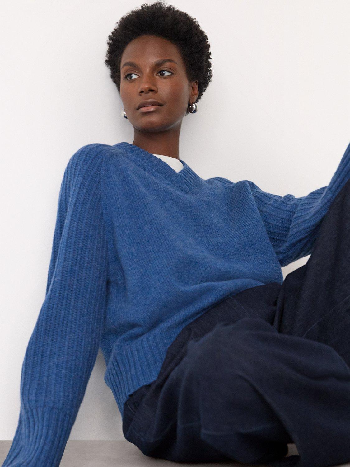 Product image 4 of 5, which shows Whistles Wool Ribbed Sleeve V-Neck Knit Jumper, Blue, XS