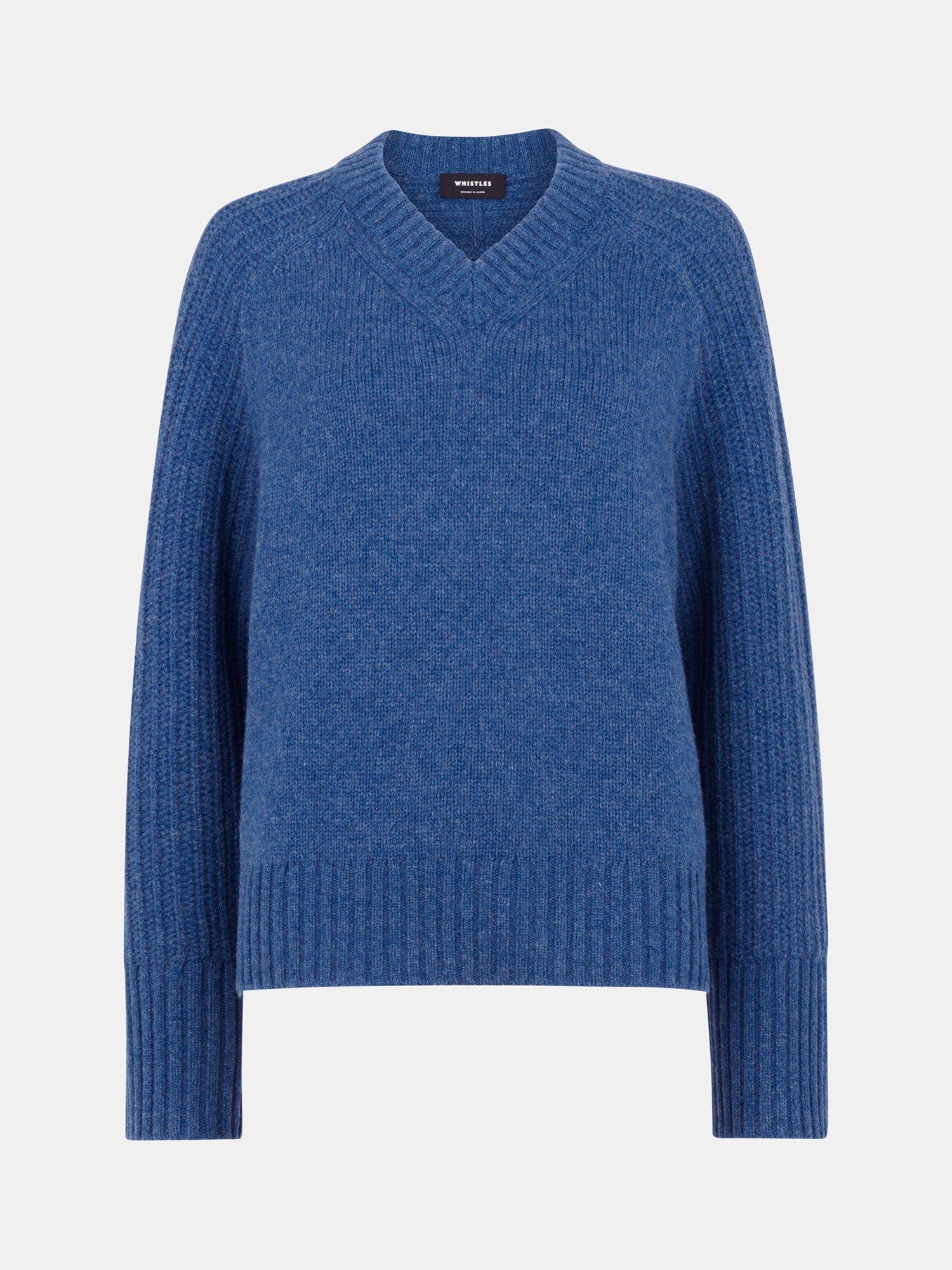 Product image 5 of 5, which shows Whistles Wool Ribbed Sleeve V-Neck Knit Jumper, Blue, XS