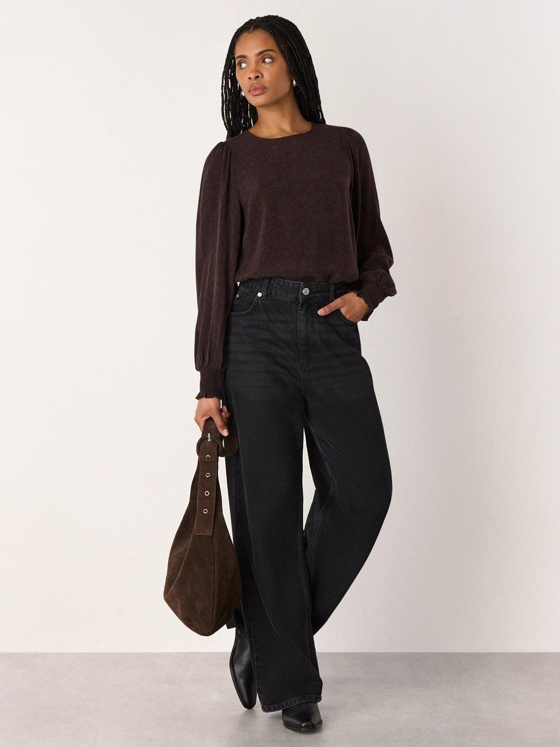 Product image 3 of 5, which shows Whistles Leopard Print Shirred Cuff Top, Black/Multi, 6