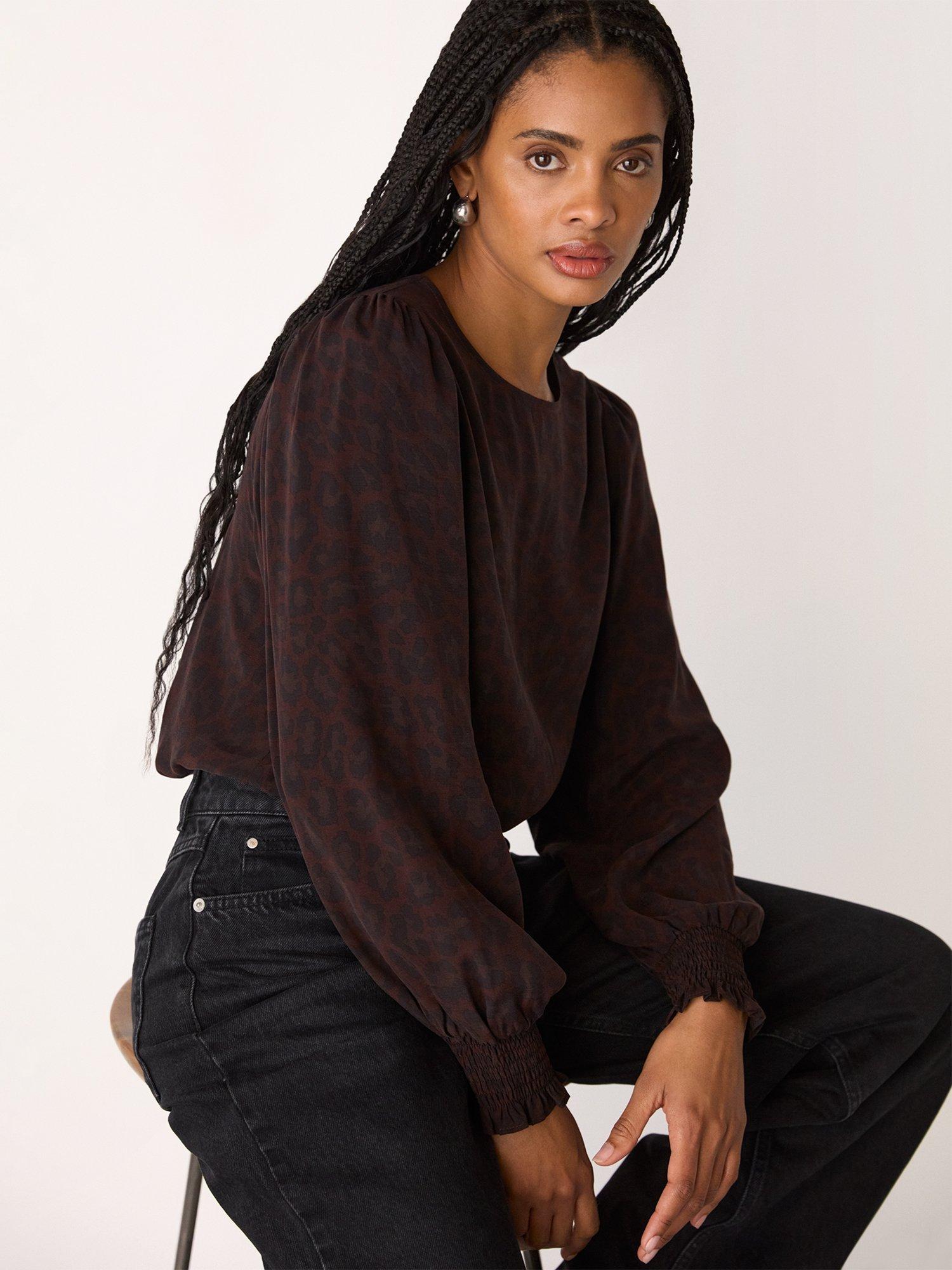 Product image 5 of 5, which shows Whistles Leopard Print Shirred Cuff Top, Black/Multi, 6