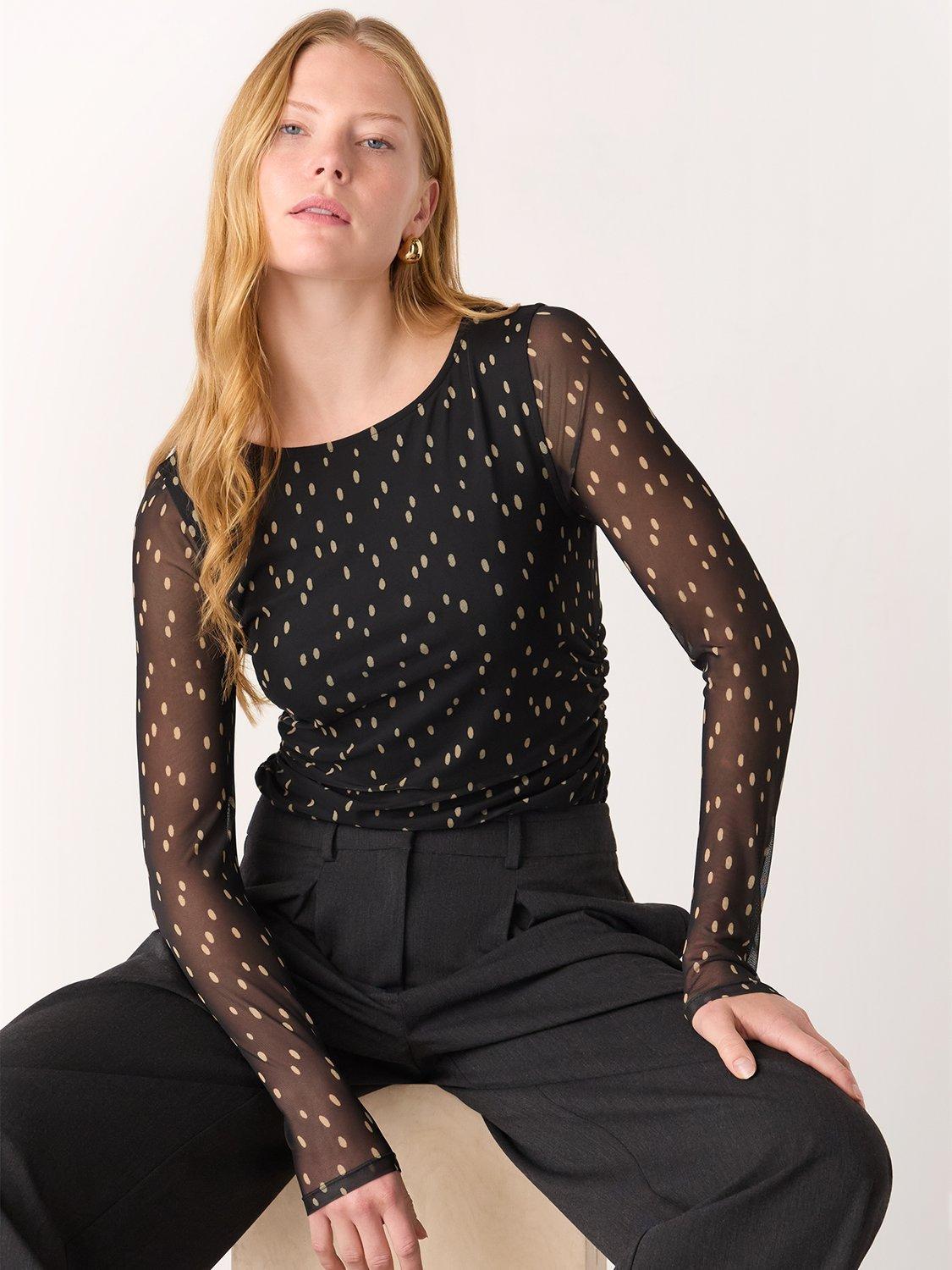 Product image 1 of 5, which shows Whistles Polka Dot Mesh Jersey Top , Black/Multi, 6