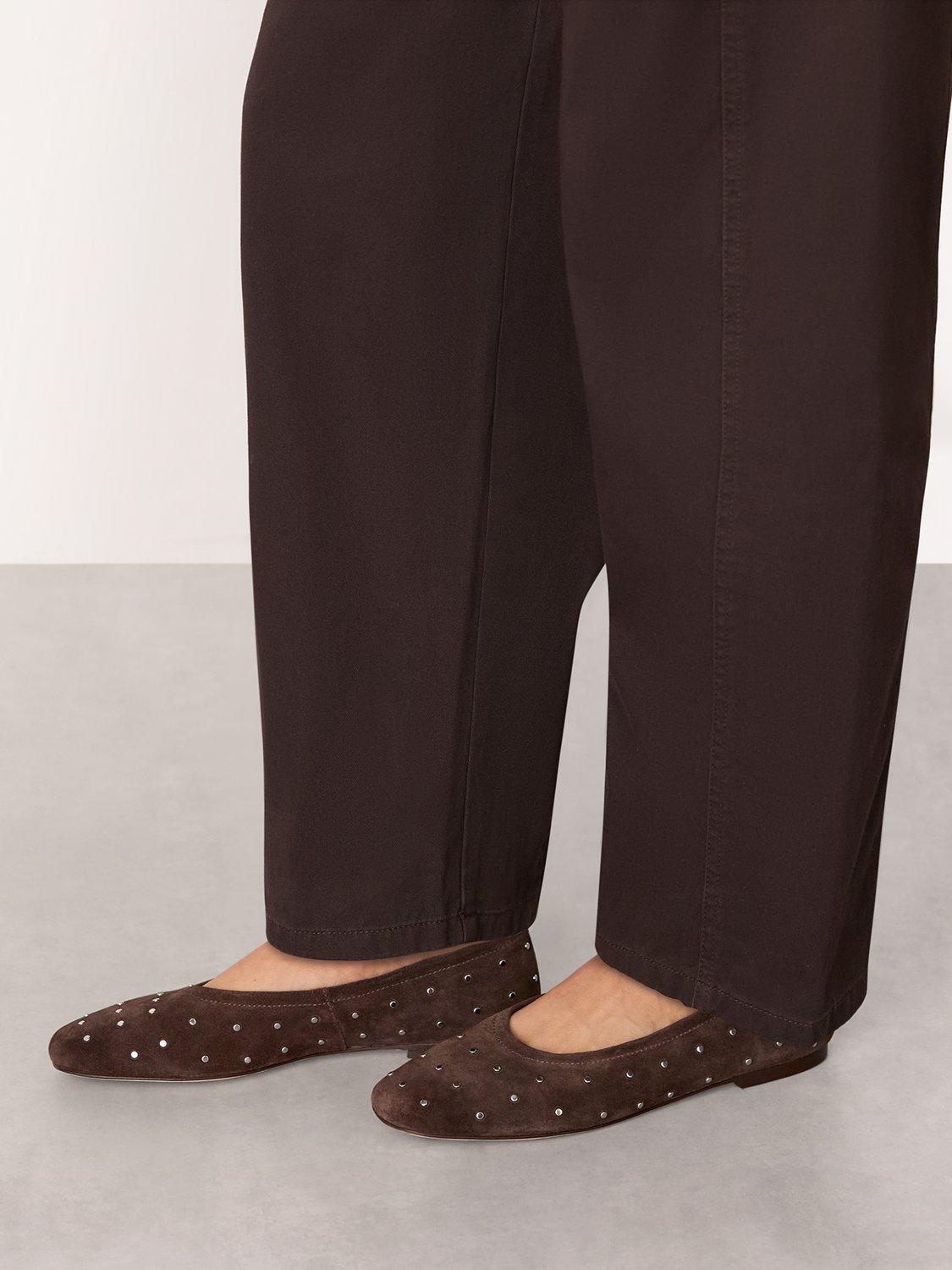 Product image 2 of 4, which shows Whistles Karina Suede Stud Ballerina Pumps, Chocolate, 3