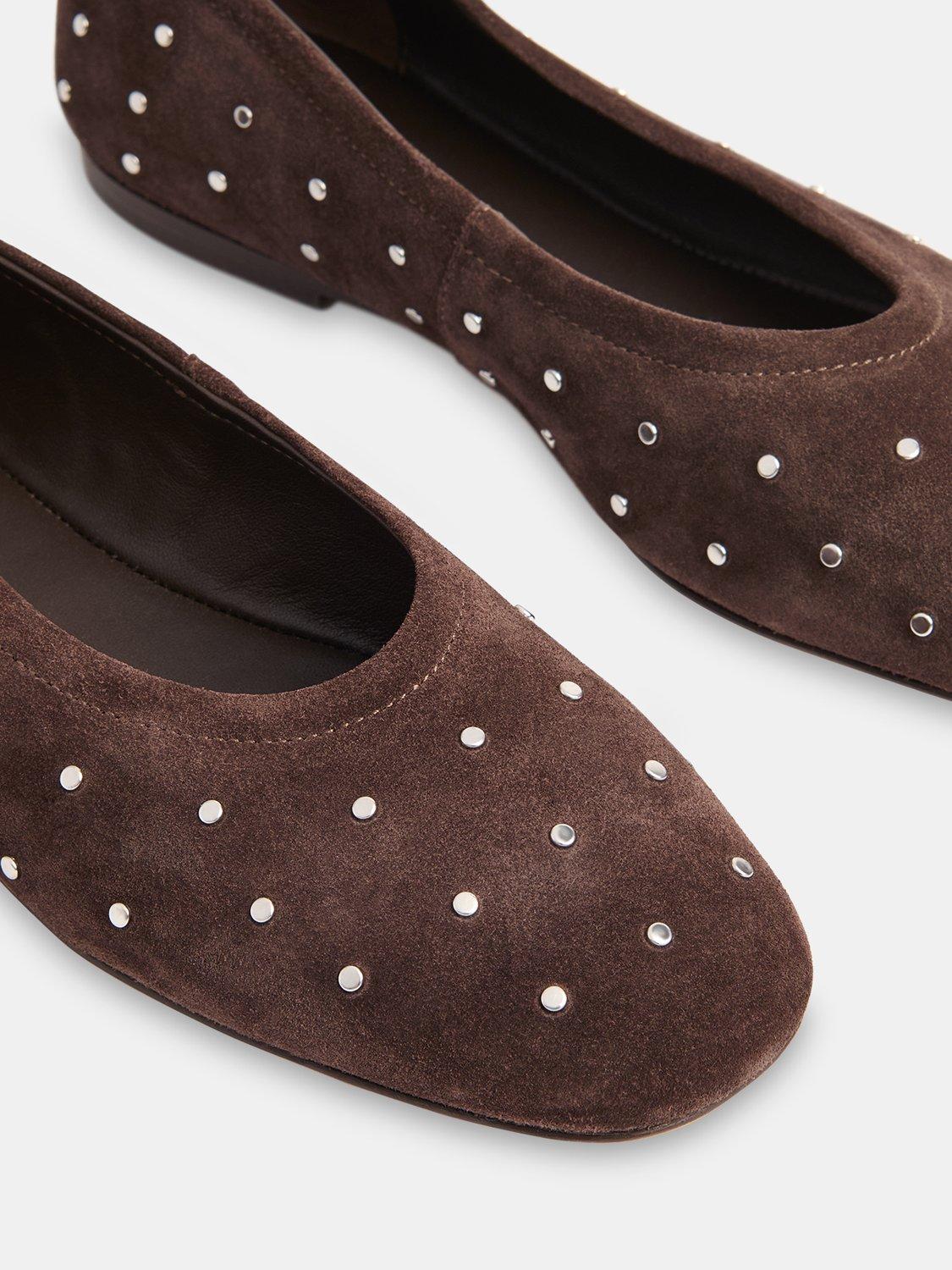 Product image 3 of 4, which shows Whistles Karina Suede Stud Ballerina Pumps, Chocolate, 3