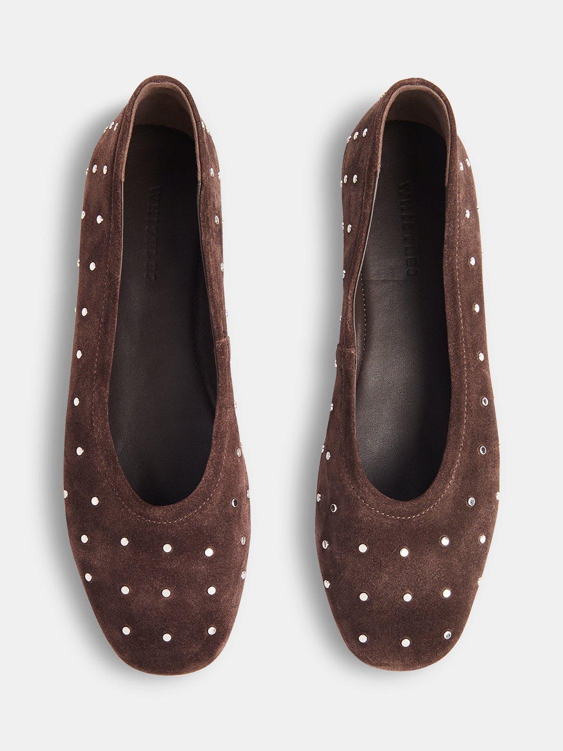 Product image 4 of 4, which shows Whistles Karina Suede Stud Ballerina Pumps, Chocolate, 3
