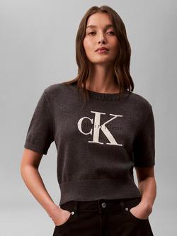 Calvin Klein Logo Chunky Knit Short Sleeve Jumper, Charcoal Heather, Charcoal Heather