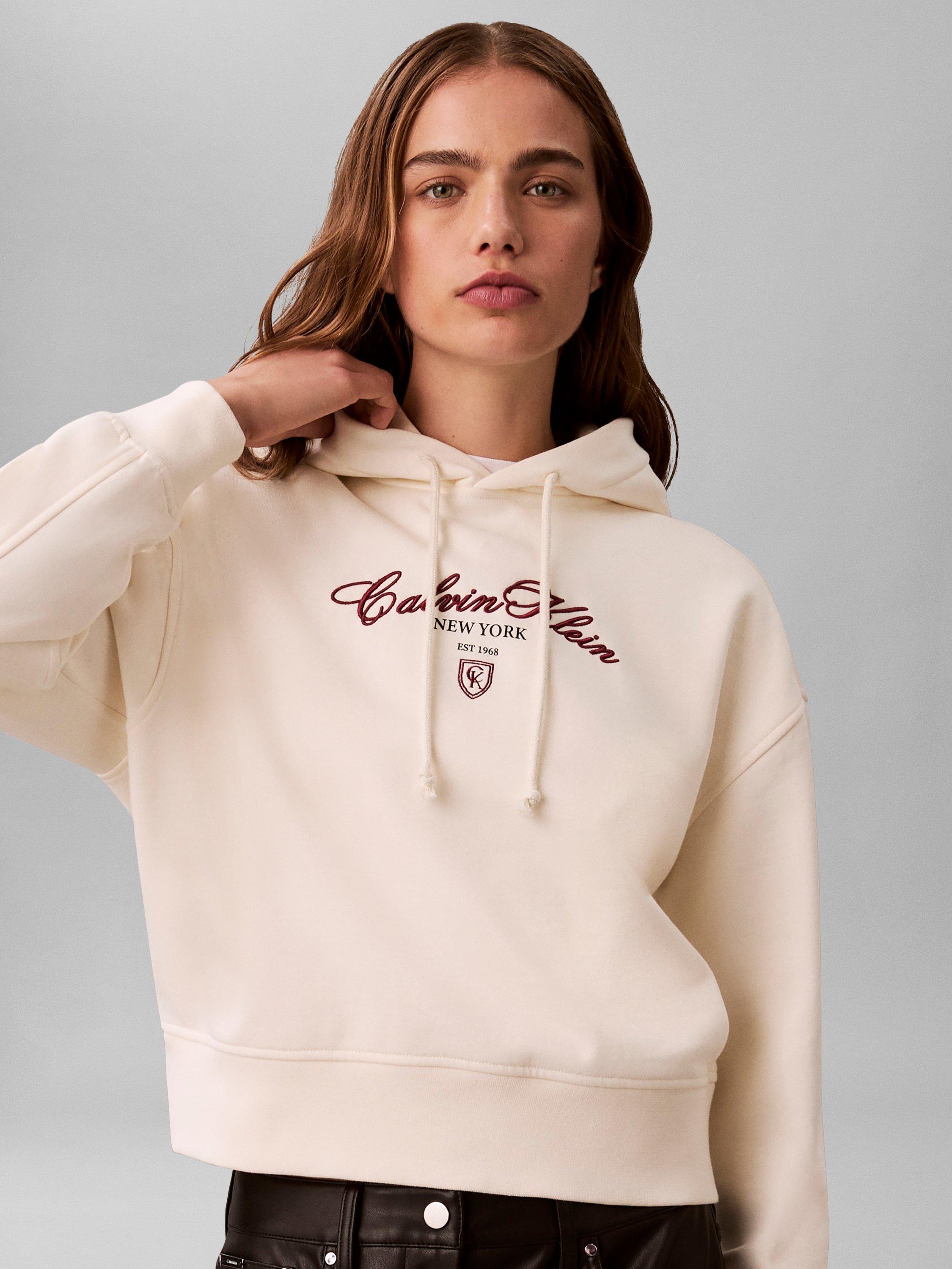 Product image 4 of 6, which shows Calvin Klein Script Logo Cropped Hoodie, Vanilla  Ice, XXS