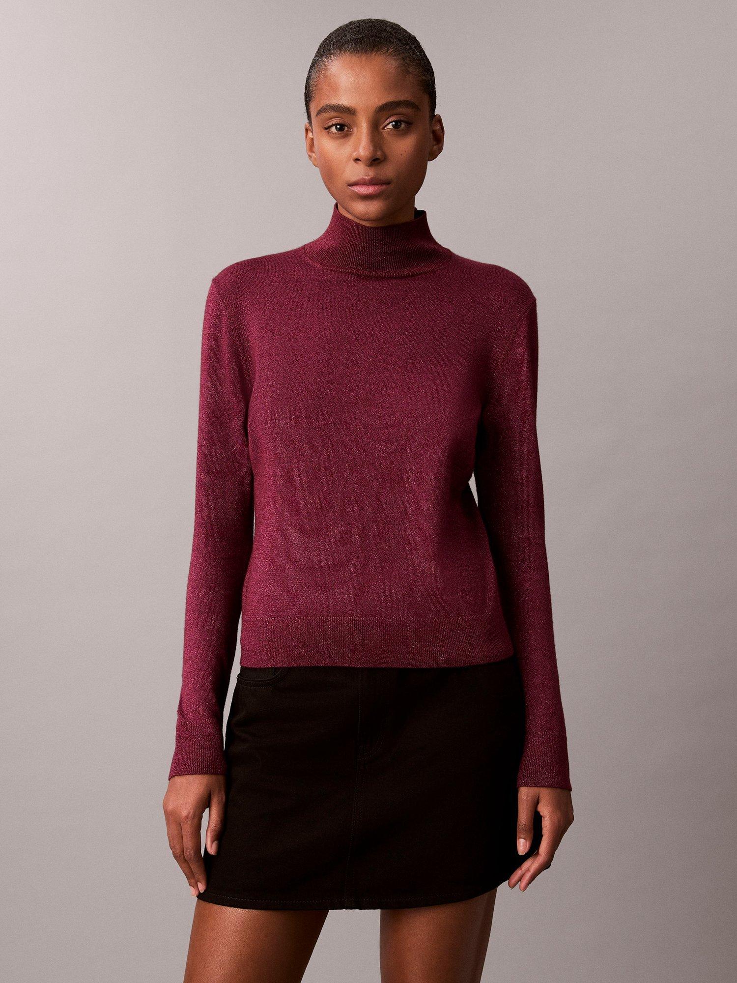 Product image 1 of 5, which shows Calvin Klein Sparkle Turtleneck Top, Berry Glaze, XXS