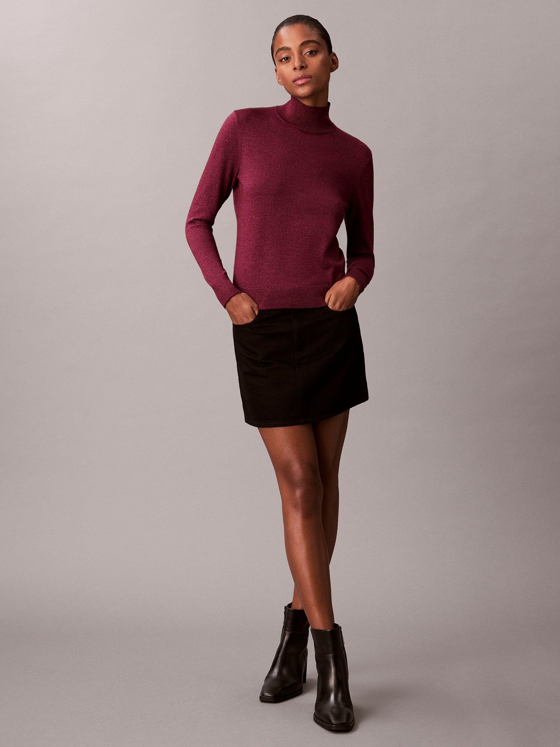 Product image 3 of 5, which shows Calvin Klein Sparkle Turtleneck Top, Berry Glaze, XXS