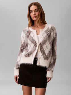 Calvin Klein Fuzzy Argyle Relaxed Cardigan, Tofu, Tofu