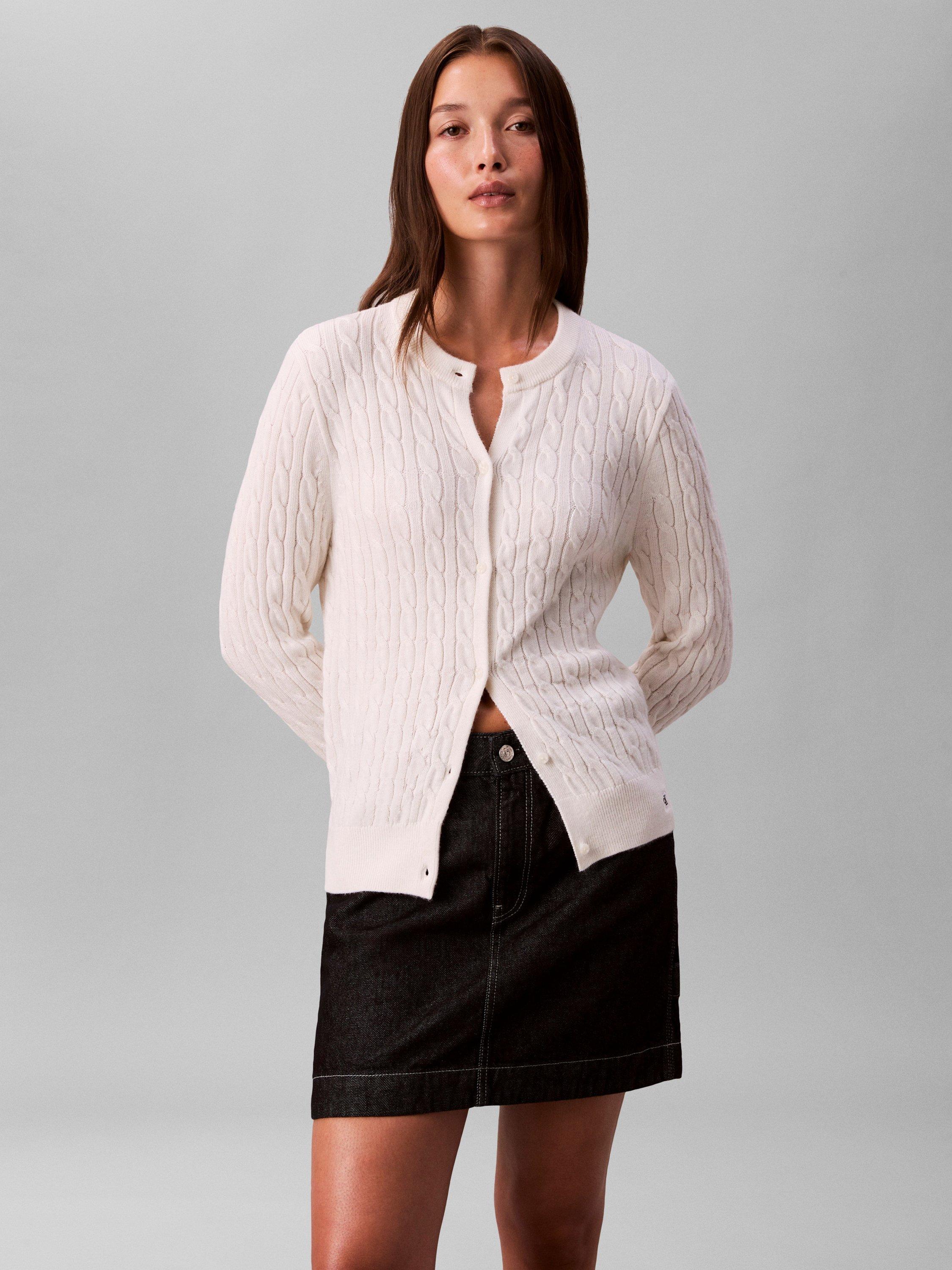Product image 1 of 6, which shows Calvin Klein Cable Knit Wool Blend Cardigan, White Greige, XS