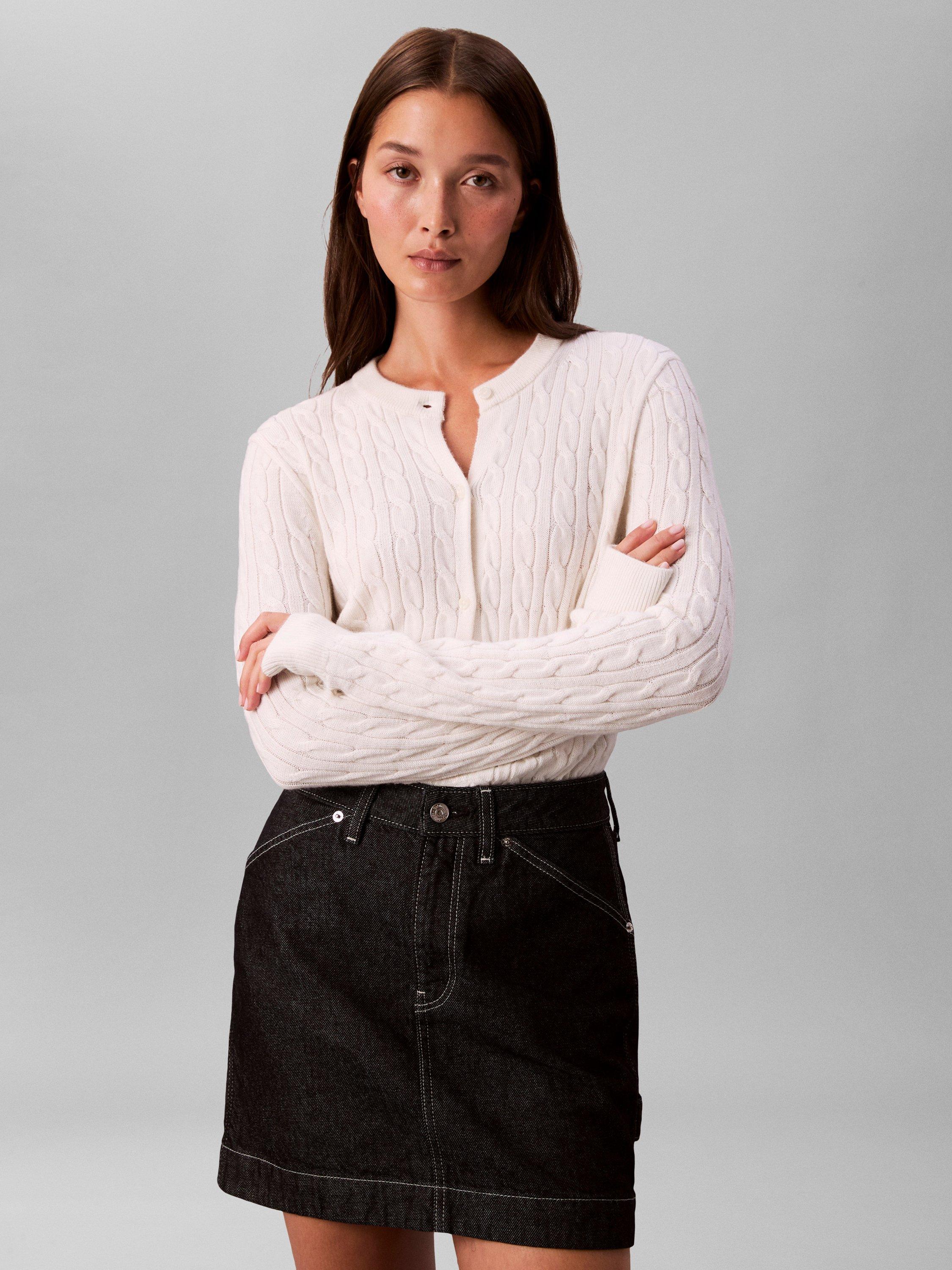 Product image 4 of 6, which shows Calvin Klein Cable Knit Wool Blend Cardigan, White Greige, XS