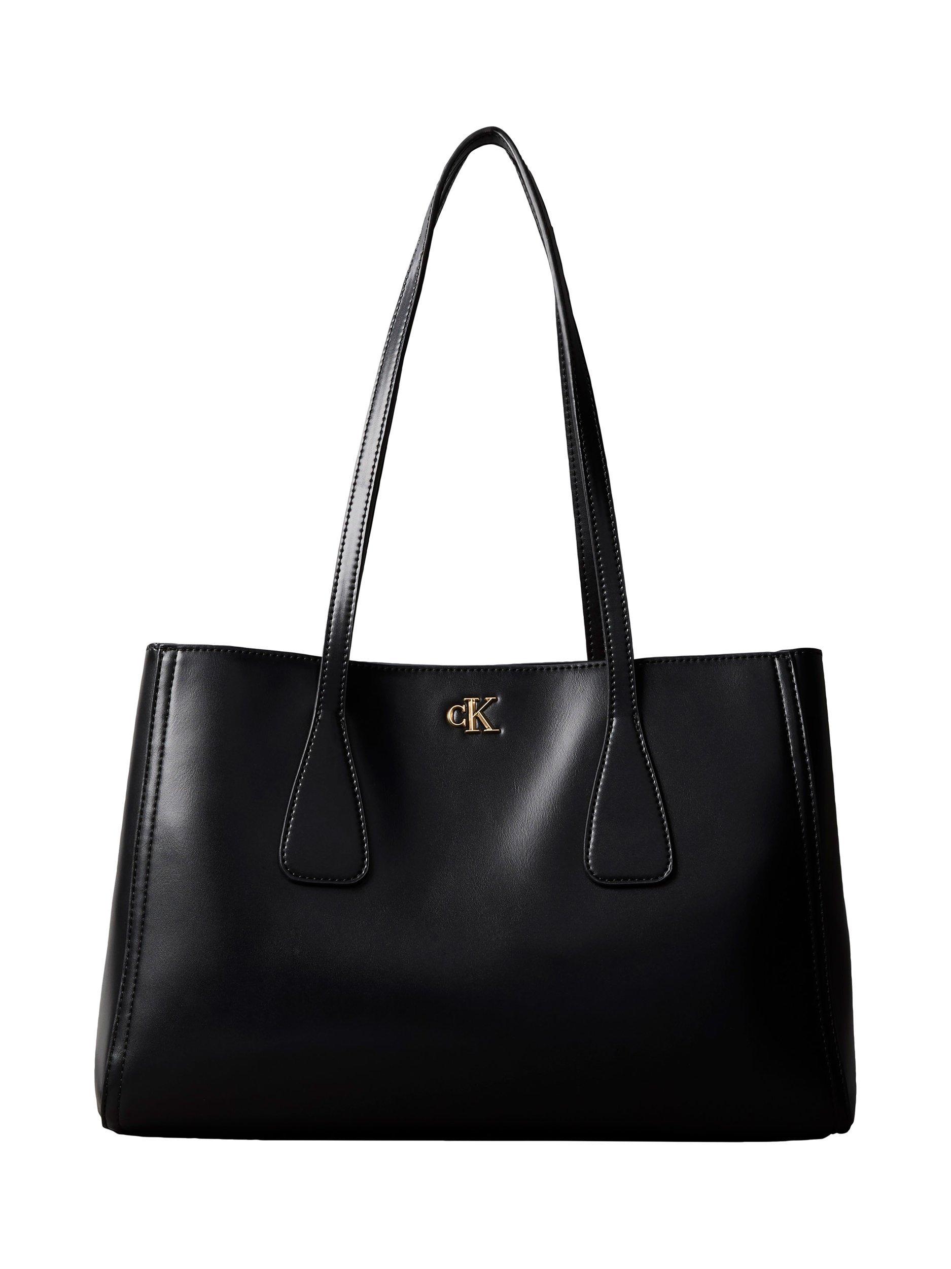 Product image 1 of 4, which shows Calvin Klein Monogram Logo Dual Handle Work Bag, Black/Antique Gold, One Size