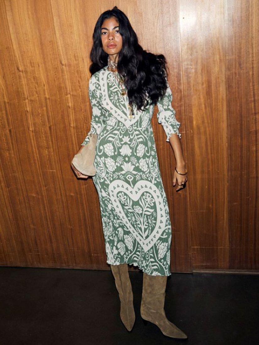 Product image 1 of 5, which shows Never Fully Dressed Amara Plisse Gaia Dress, Khaki, XS