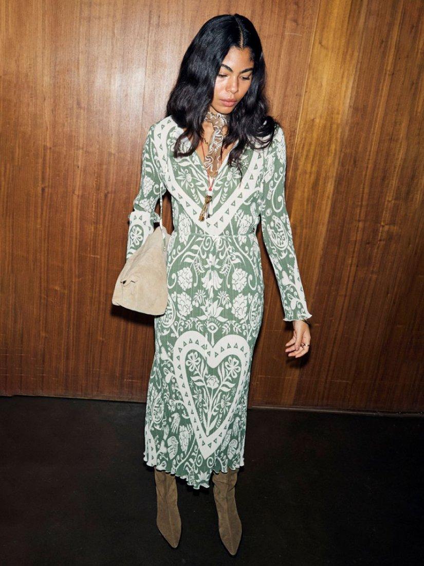 Product image 2 of 5, which shows Never Fully Dressed Amara Plisse Gaia Dress, Khaki, XS