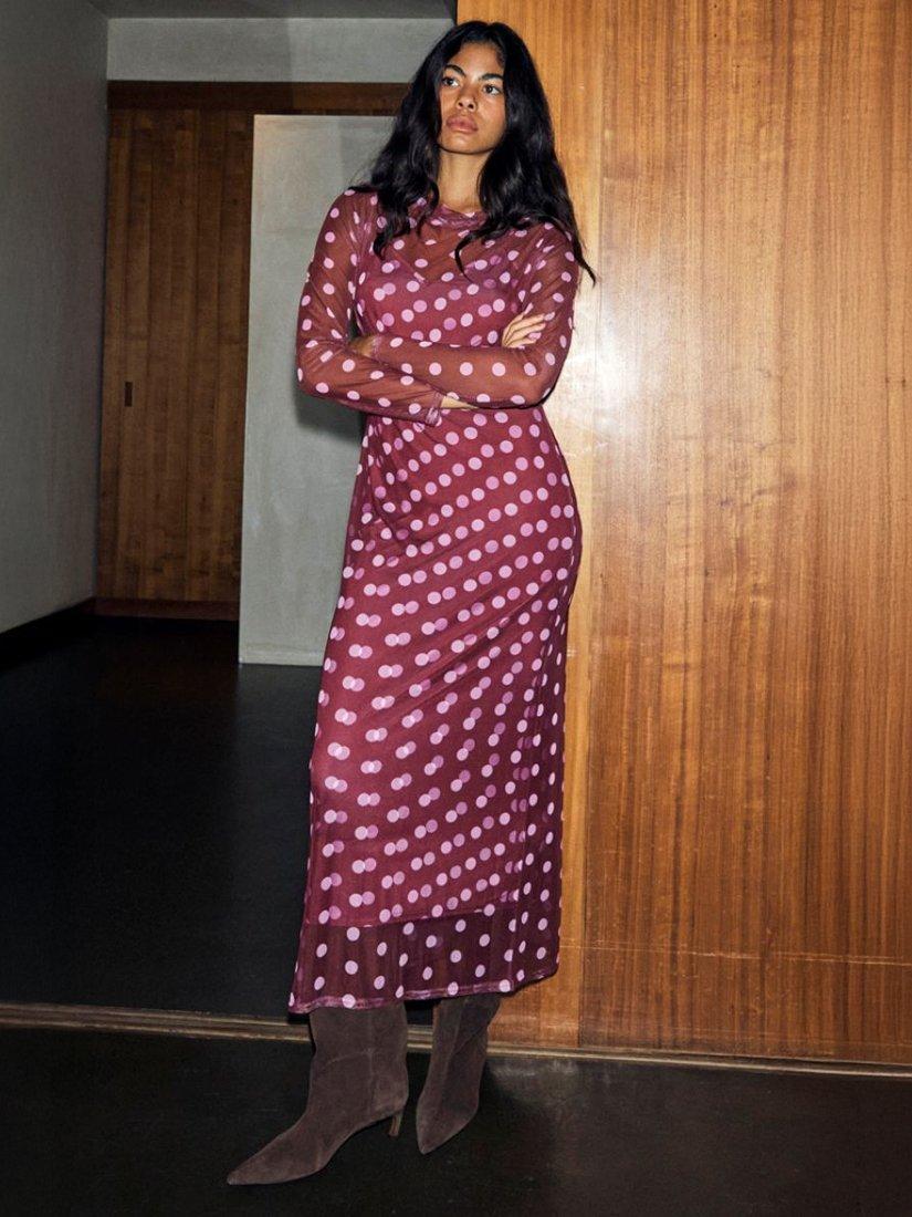 Product image 2 of 5, which shows Never Fully Dressed Polka Dot Mesh Dress, Red, 6