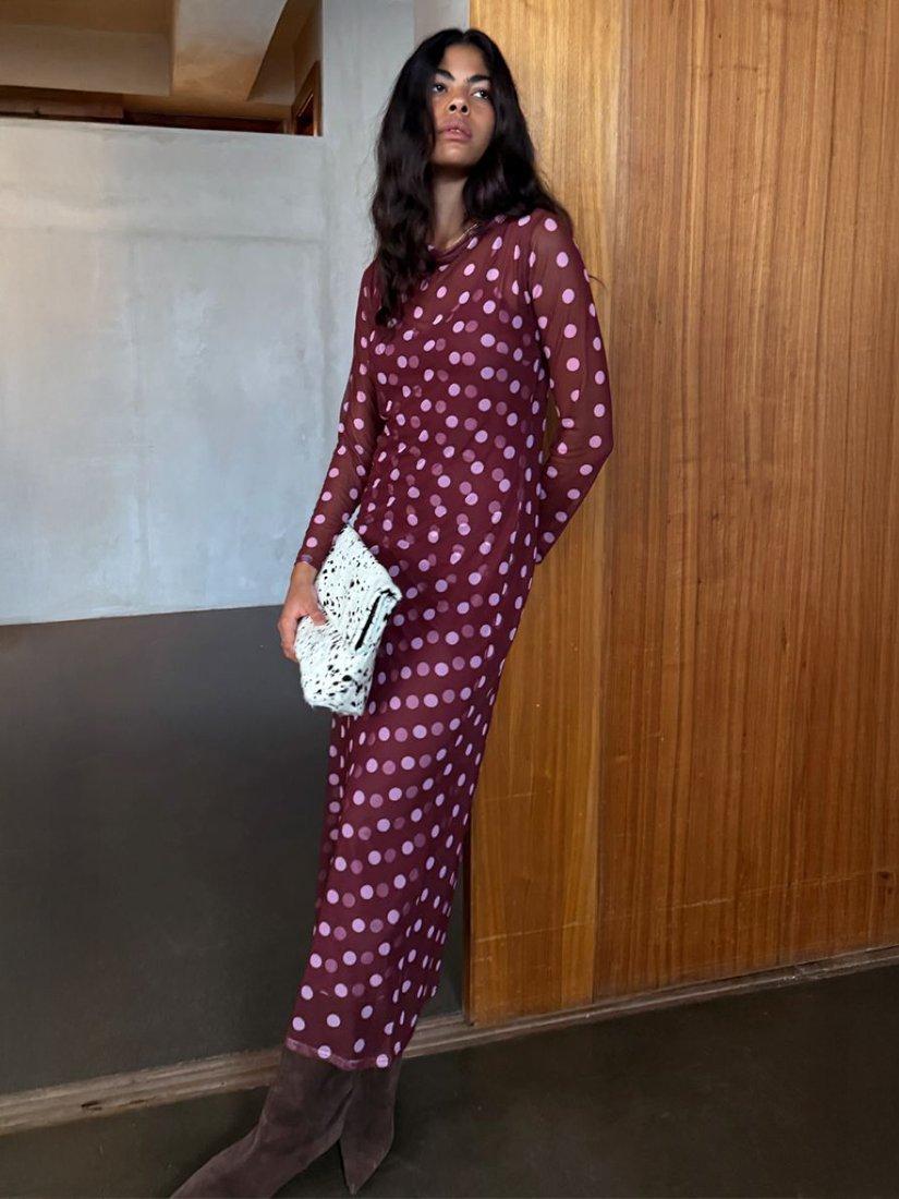 Product image 3 of 5, which shows Never Fully Dressed Polka Dot Mesh Dress, Red, 6