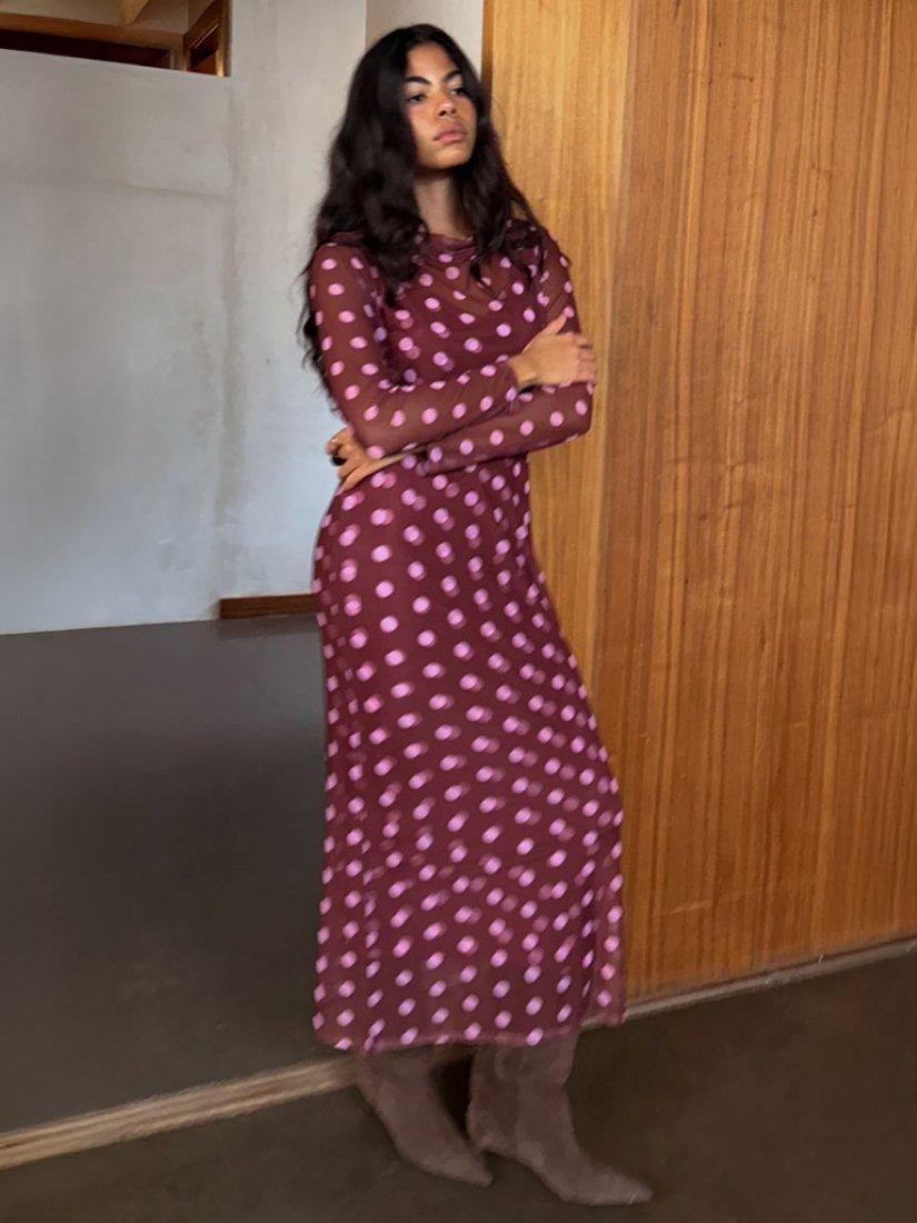 Product image 4 of 5, which shows Never Fully Dressed Polka Dot Mesh Dress, Red, 6